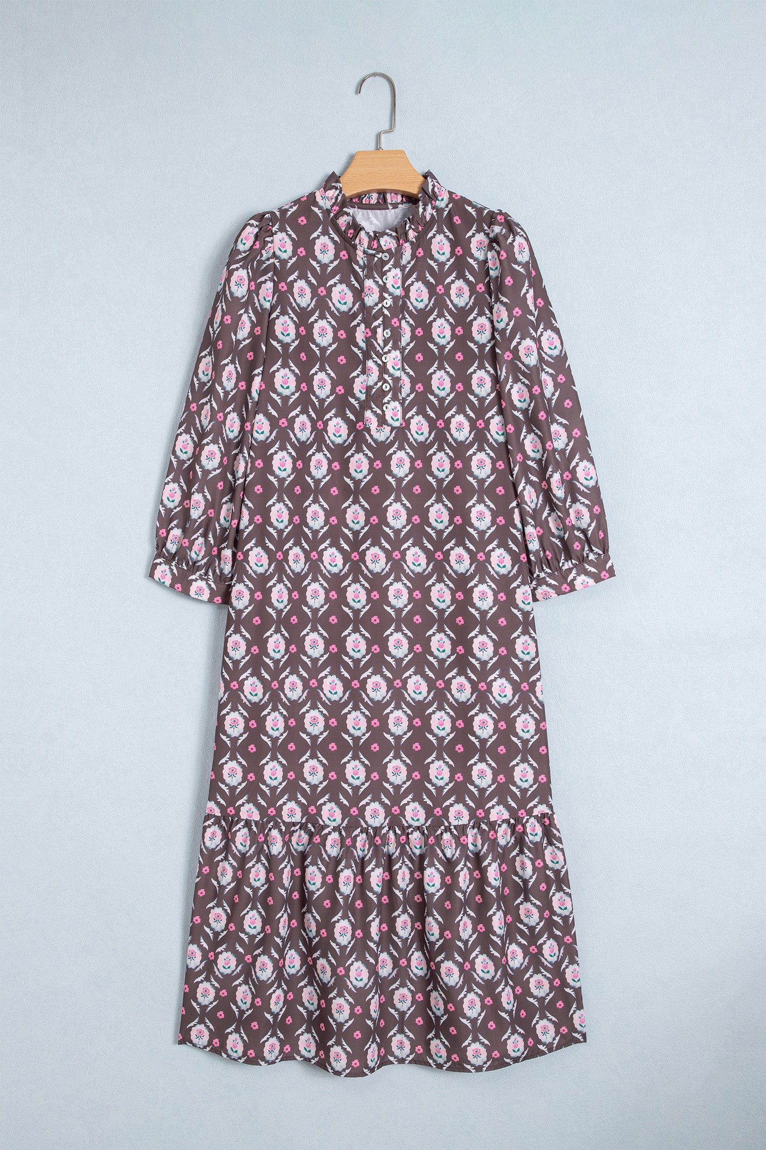 Brown Floral Print Button Front Ruffle Hem Midi Dress-TOPS / DRESSES-[Adult]-[Female]-2022 Online Blue Zone Planet