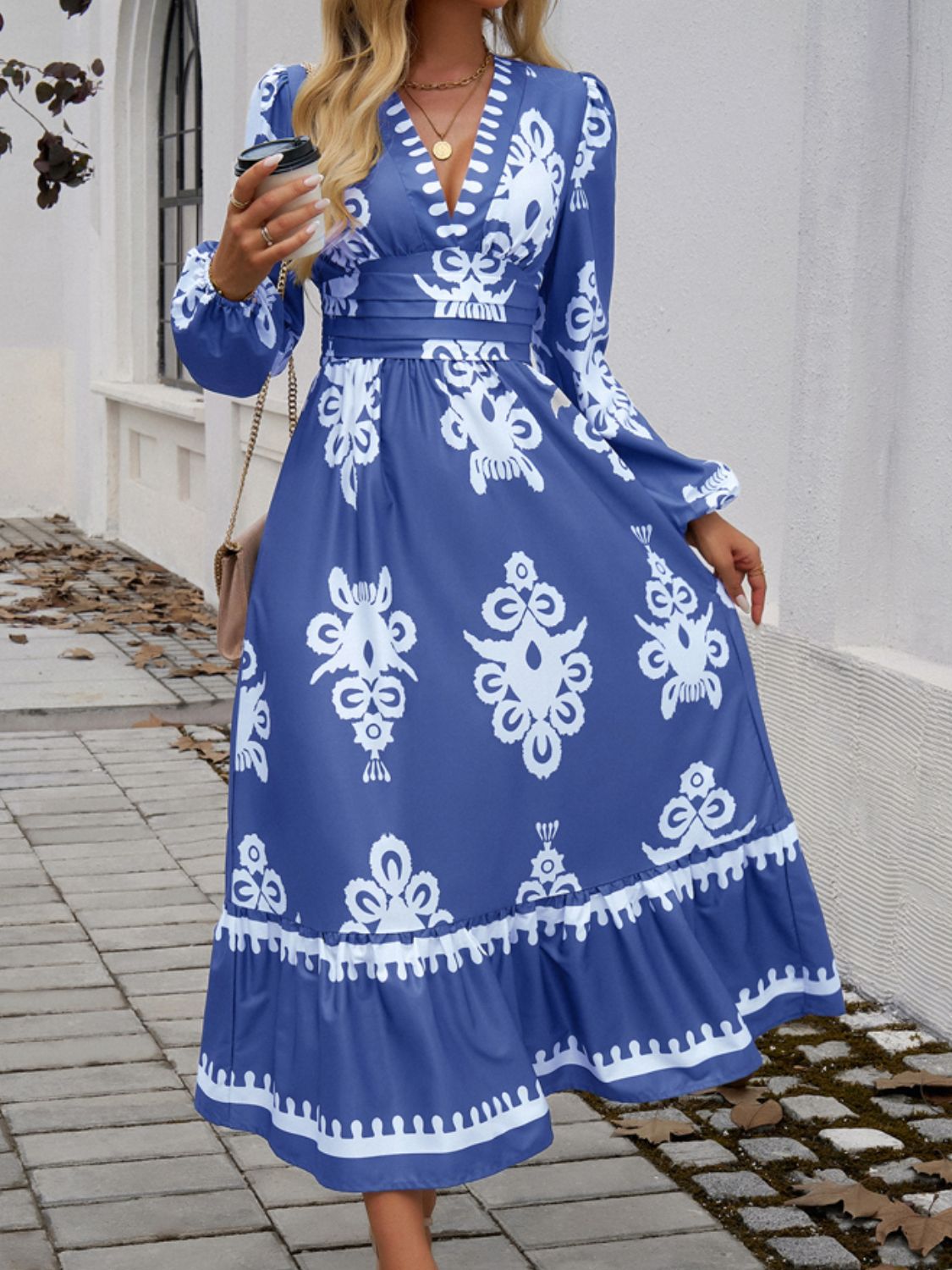 Ruffled Printed Plunge Long Sleeve Dress-TOPS / DRESSES-[Adult]-[Female]-2022 Online Blue Zone Planet