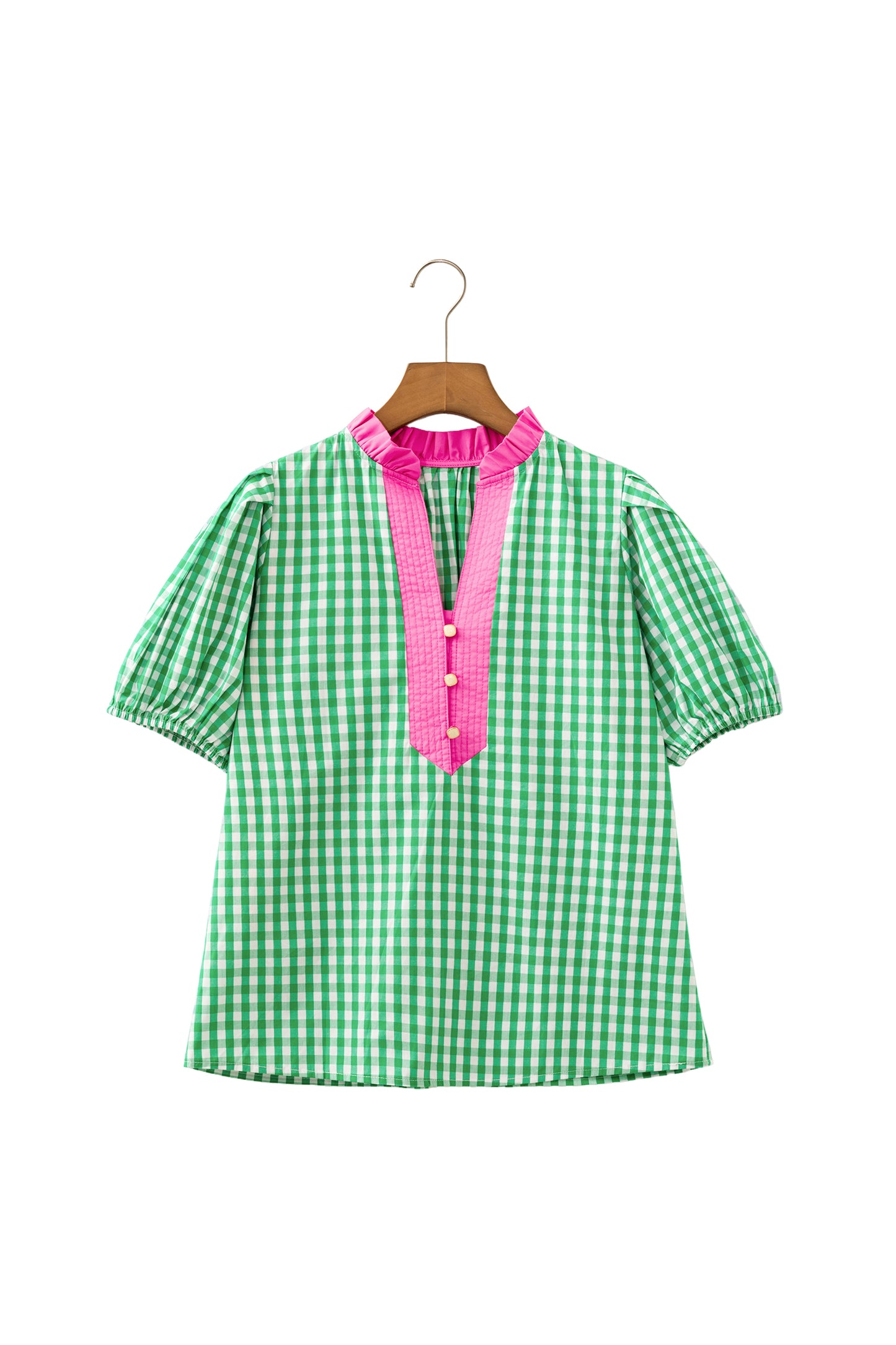 Green Gingham Plaid Bubble Sleeve Colorblock Trim V Neck Blouse-Tops/Blouses & Shirts-[Adult]-[Female]-2022 Online Blue Zone Planet