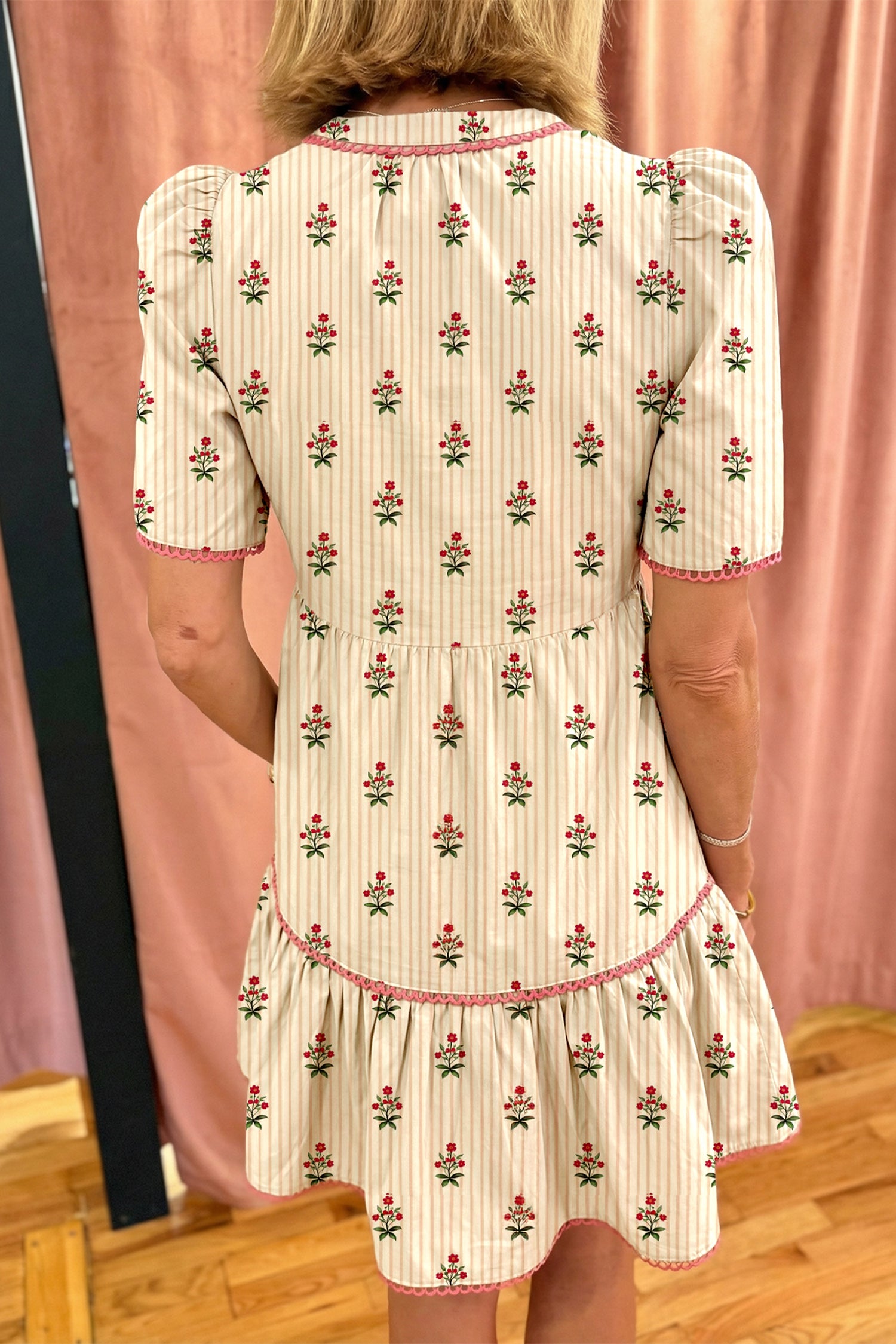 Apricot Striped Floral Print Contrast Detail Ruffle Hem Short Dress-Dresses/Floral Dresses-[Adult]-[Female]-2022 Online Blue Zone Planet