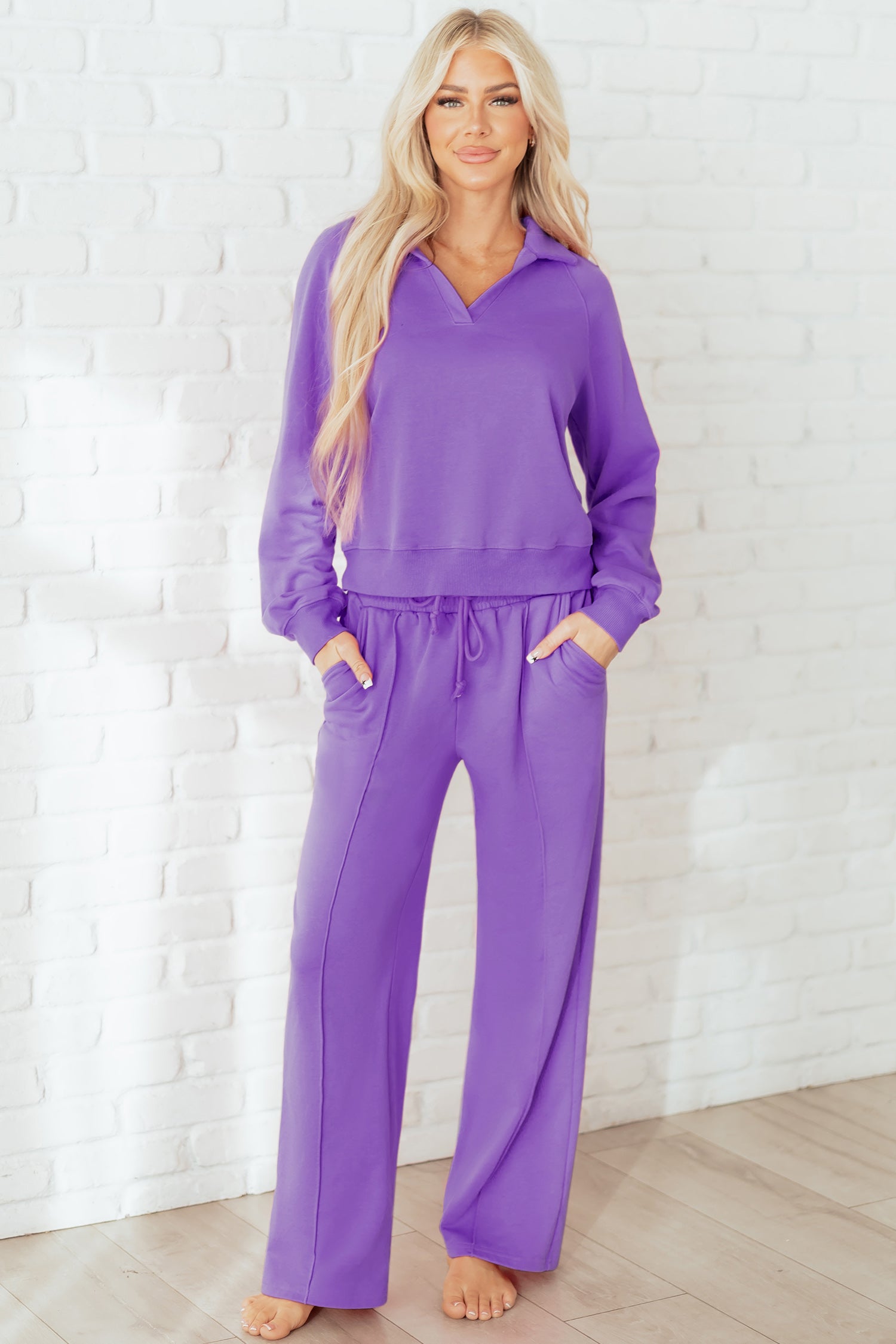 Wisteria Solid Color Collared Pullover and Central Seam Pants Set-Two Piece Sets/Pant Sets-[Adult]-[Female]-2022 Online Blue Zone Planet