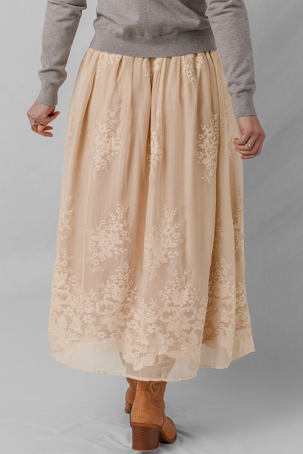 Oatmeal Embroidered Mesh Overlay Flowy Long Skirt-Bottoms/Skirts & Petticoat-[Adult]-[Female]-2022 Online Blue Zone Planet