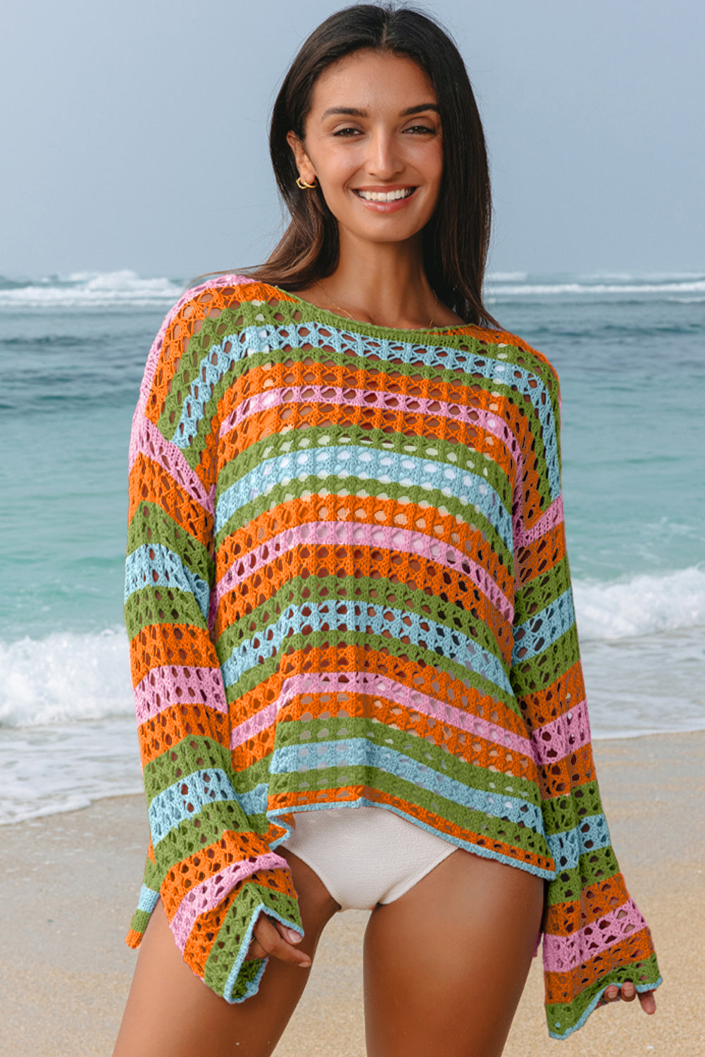Carrot Multi Stripe Open Knit Sweater Beach Cover Up-TOPS / DRESSES-[Adult]-[Female]-2022 Online Blue Zone Planet