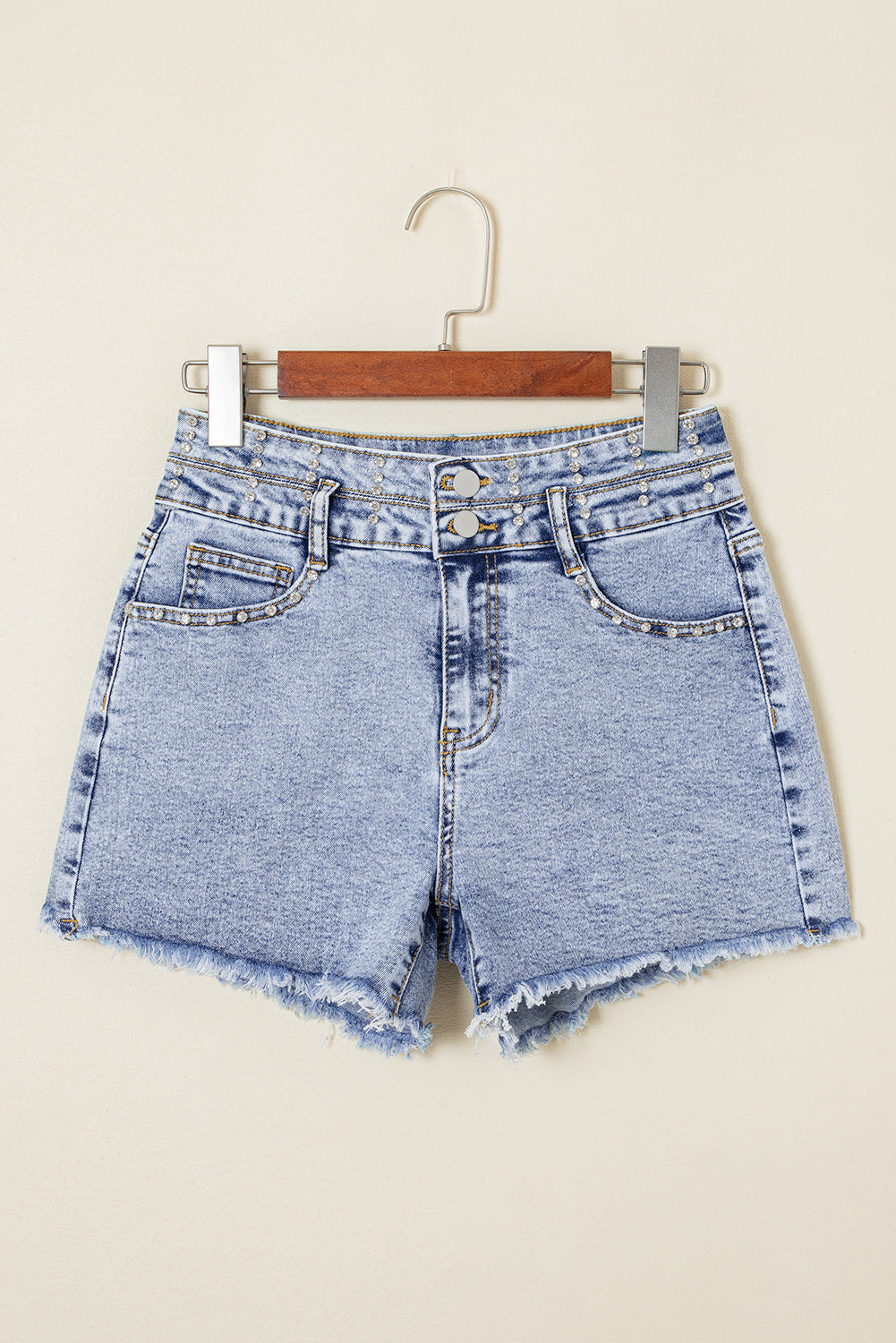 Beau Blue Rhinestone Light Wash Raw Hem High Waist Denim Shorts-Bottoms/Denim Shorts-[Adult]-[Female]-2022 Online Blue Zone Planet