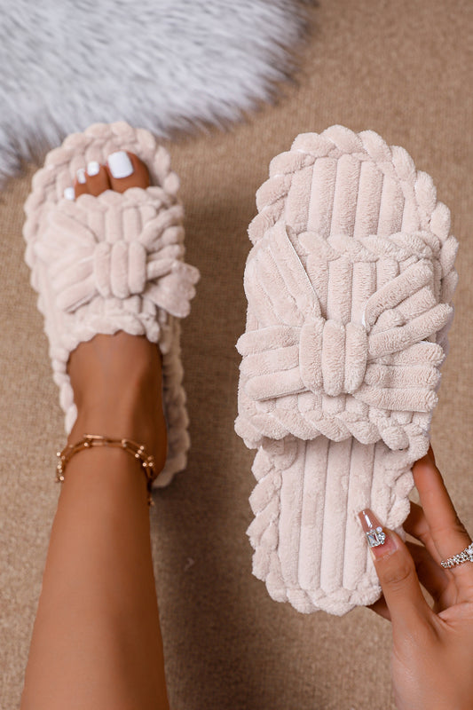 White Bow Knot Decor Corduroy Open Toe Slippers-Shoes & Bags/Slippers-[Adult]-[Female]-White-37-2022 Online Blue Zone Planet