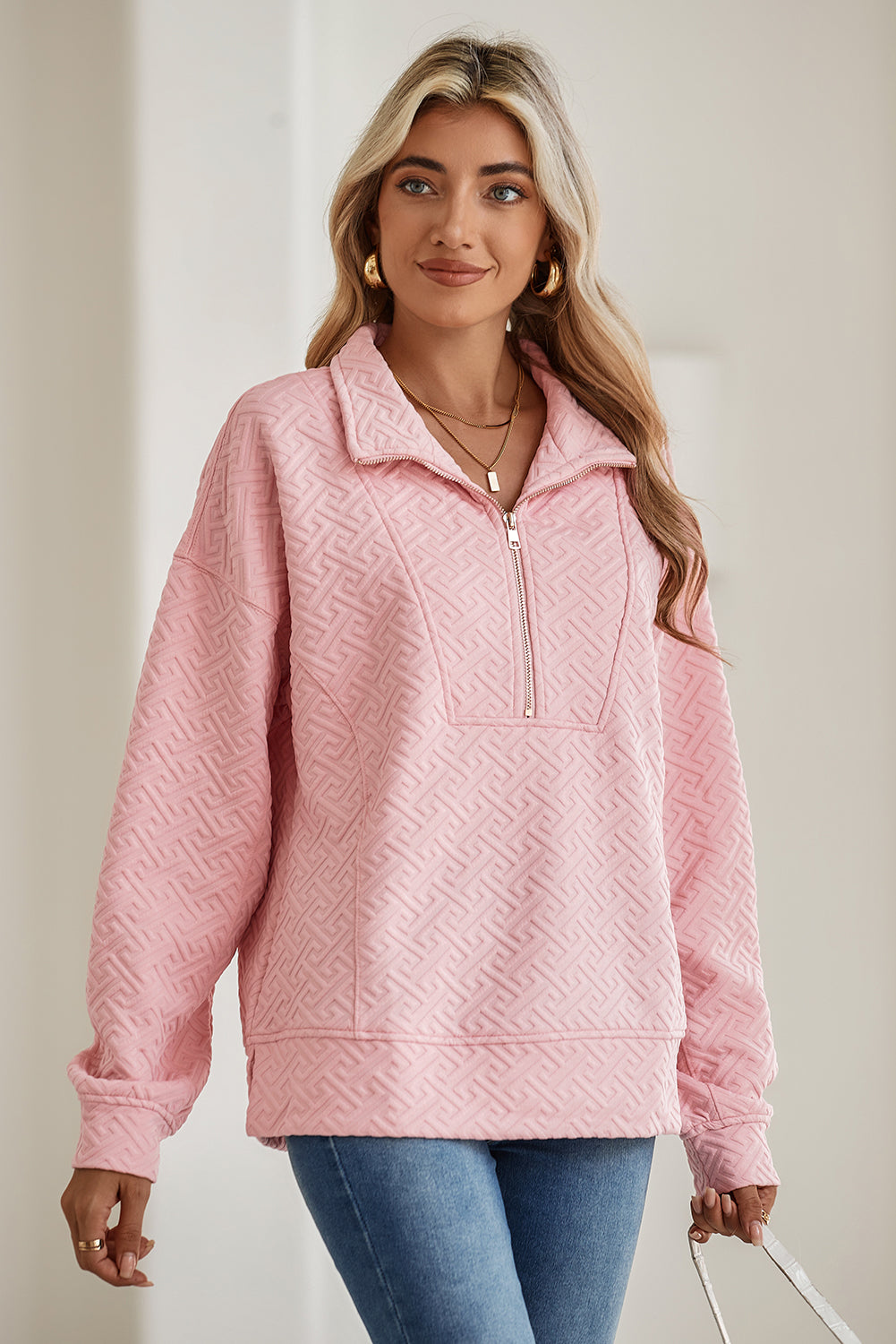 Light Pink Solid Textured Half Zipper Collared Sweatshirt-Sweatshirts & Hoodies-[Adult]-[Female]-2022 Online Blue Zone Planet