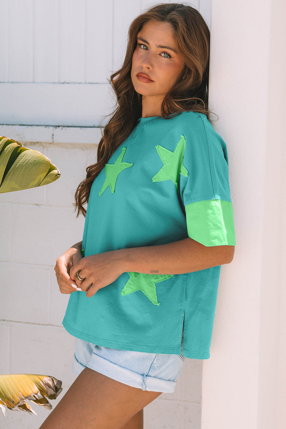 Aruba Blue Frayed Denim Star Patched Oversize T Shirt-Tops/Tops & Tees-[Adult]-[Female]-2022 Online Blue Zone Planet