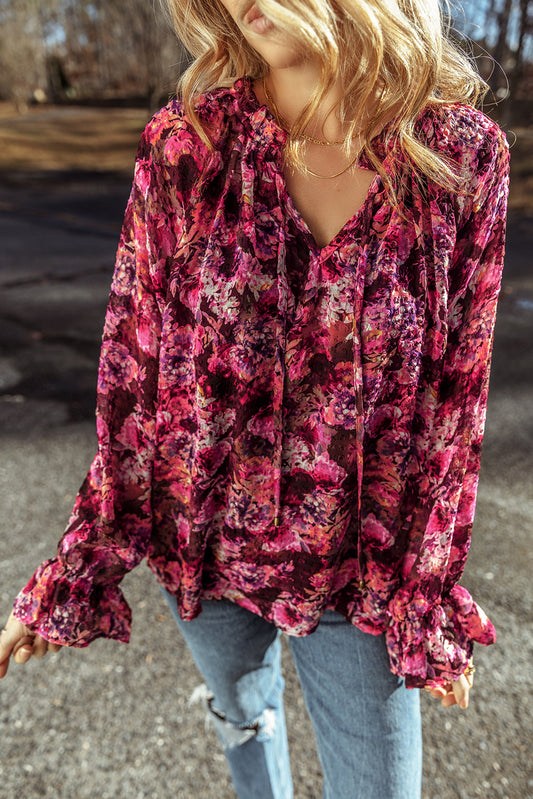 Rose Red Floral Allover Print Drawstring Ruffled V Neck Loose Blouse-Tops/Blouses & Shirts-[Adult]-[Female]-Rose Red-S-2022 Online Blue Zone Planet