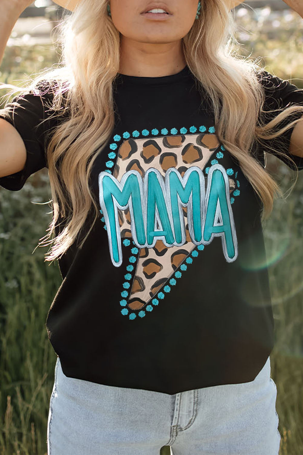 Black Western MAMA Leopard Lightning Graphic Tee-Graphic/Graphic Tees-[Adult]-[Female]-Black-S-2022 Online Blue Zone Planet