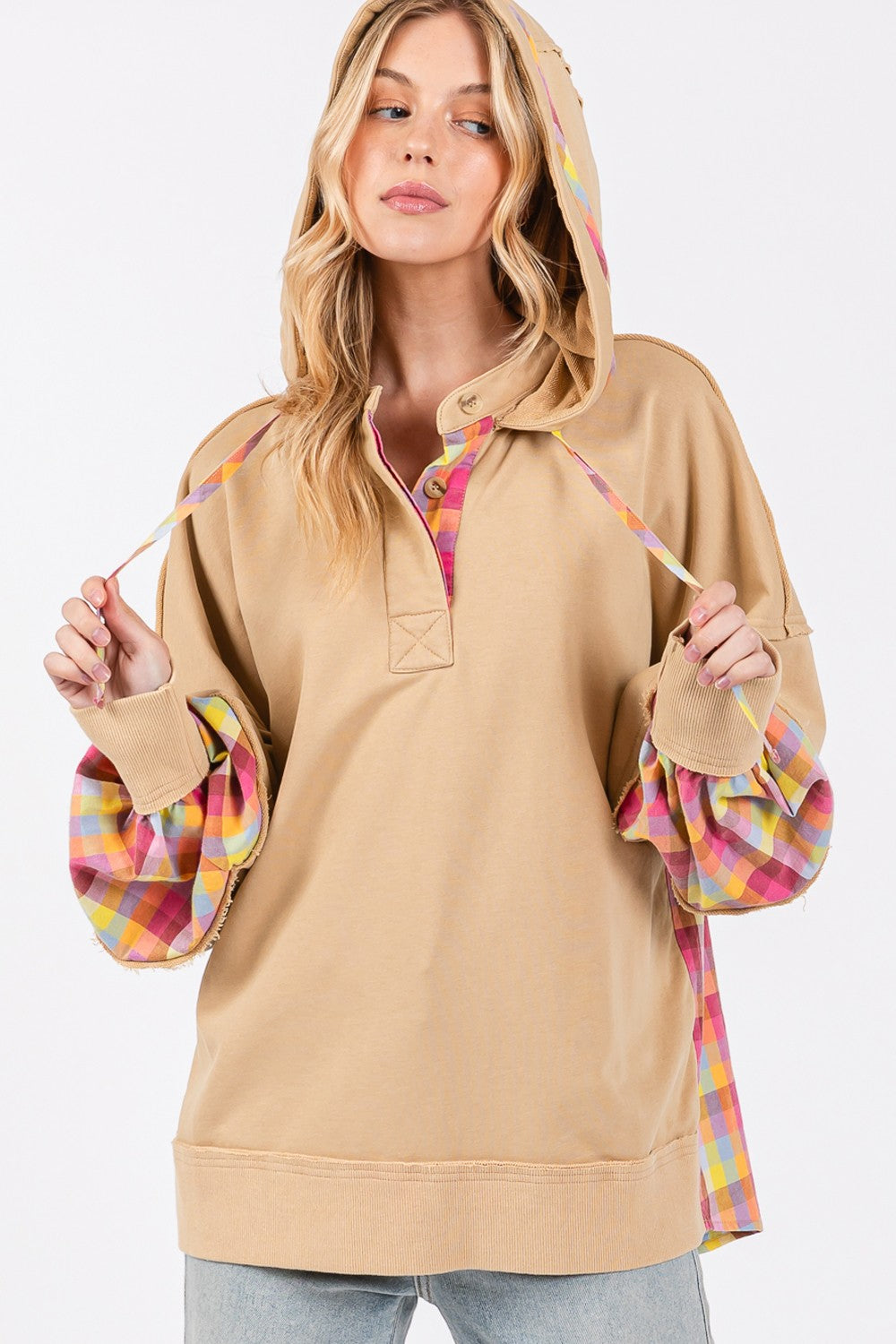 Blue Zone Planet | SAGE + FIG Full Size Plaid Print Washed Hoodie-Tops / Dresses-[Adult]-[Female]-2022 Online Blue Zone Planet