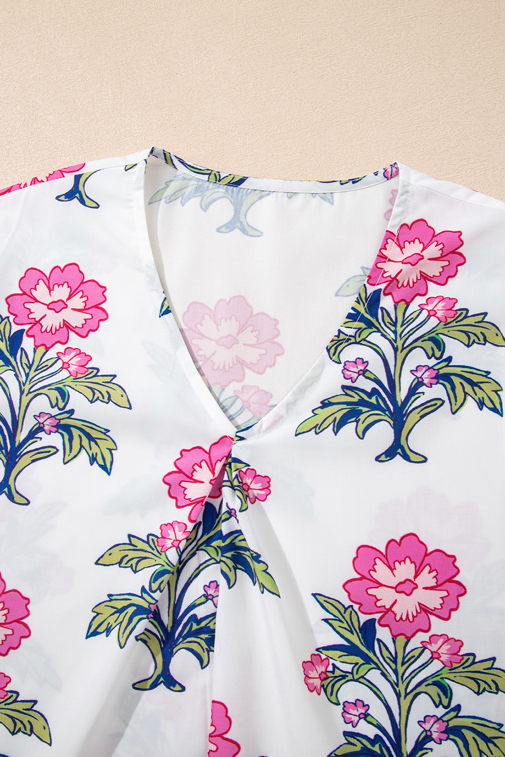 White Floral Colorblock Stripe Knot Bubble Sleeve V Neck Blouse-Tops/Blouses & Shirts-[Adult]-[Female]-2022 Online Blue Zone Planet
