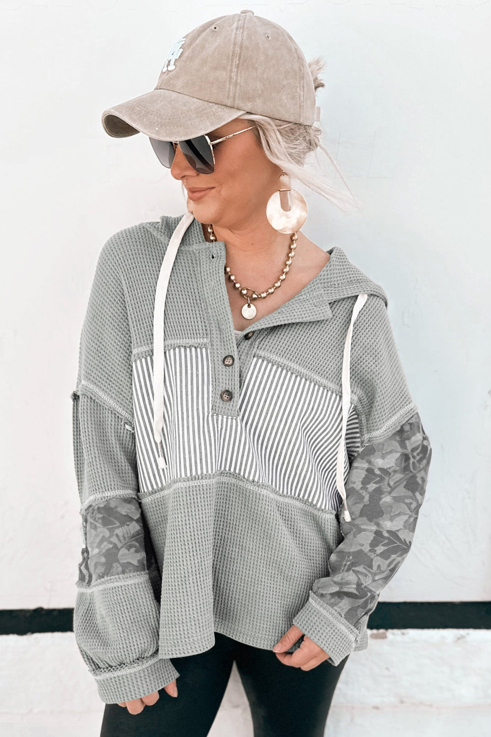 Gray Waffle Printed Patchwork Drawstring Hooded Long Sleeve Top-Tops / Dresses-[Adult]-[Female]-2022 Online Blue Zone Planet