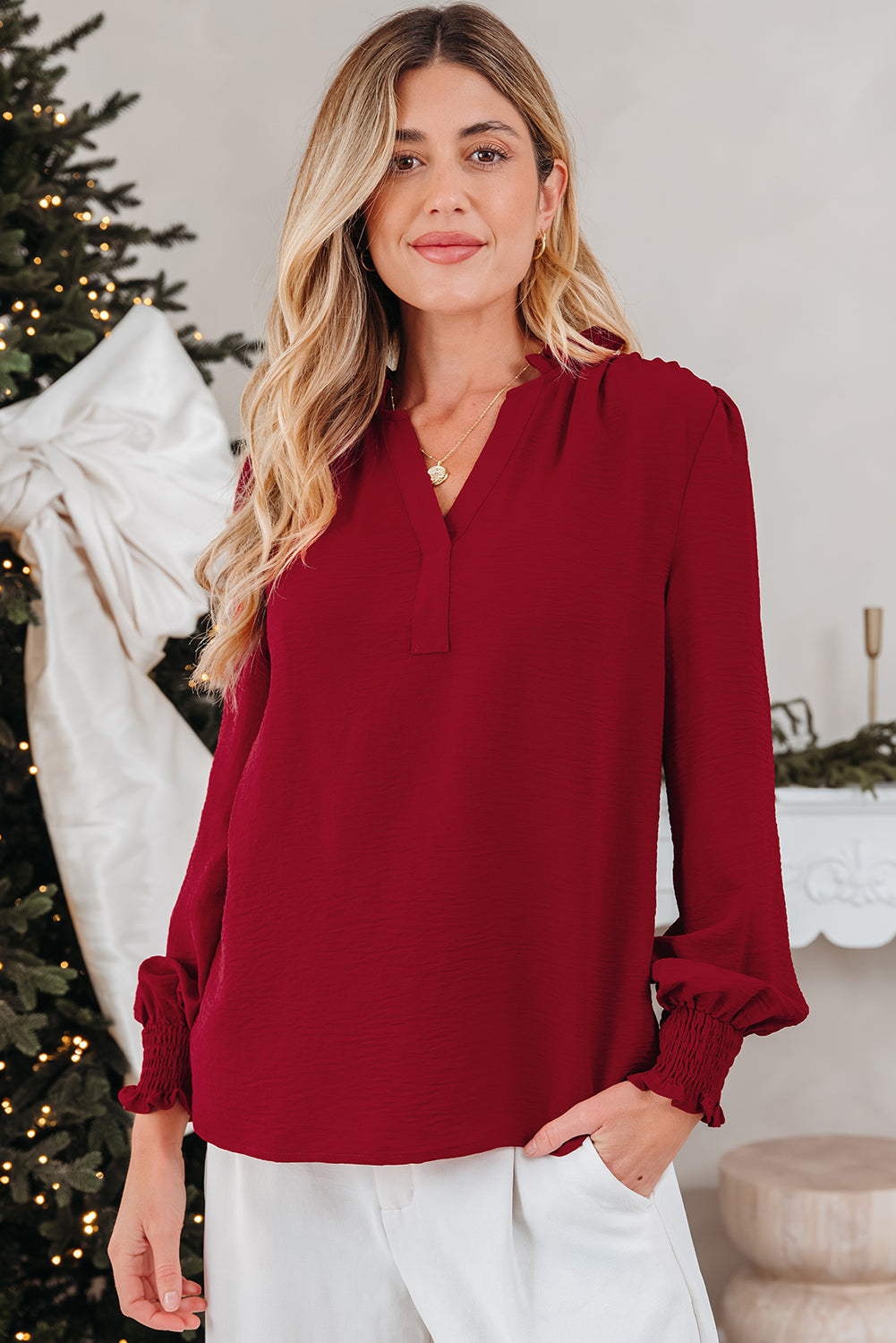 Burgundy Notched Neck Shirred Cuff Long Sleeve Blouse-Tops/Blouses & Shirts-[Adult]-[Female]-2022 Online Blue Zone Planet