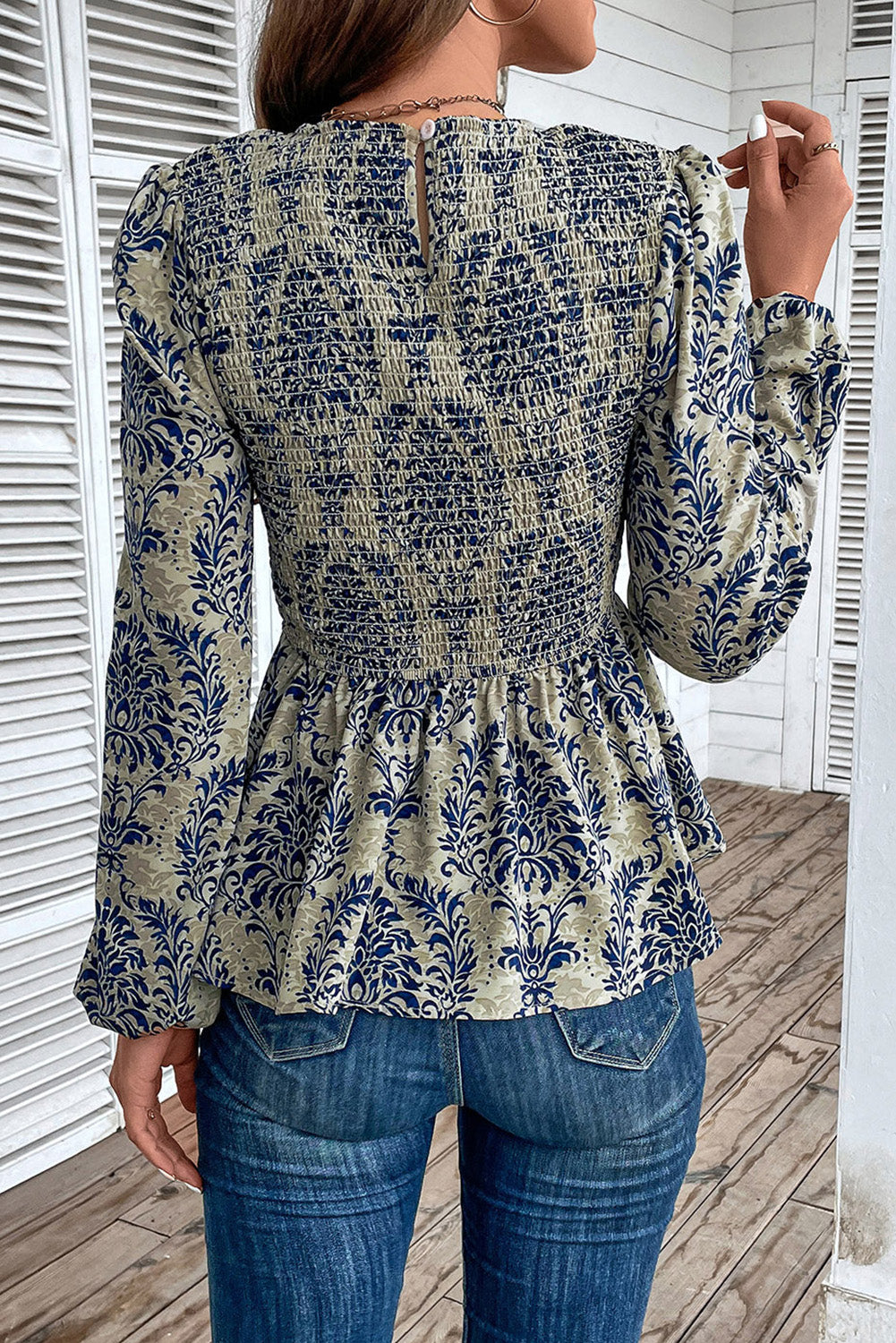 Sky Blue Boho Printed Balloon Sleeve Smocked Peplum Blouse-Tops/Blouses & Shirts-[Adult]-[Female]-2022 Online Blue Zone Planet