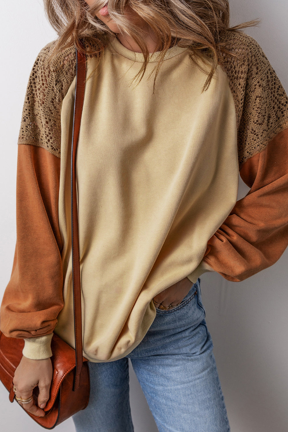 Khaki Lace Patchwork Colorblock Drop Shoulder Sweatshirt-Tops/Sweatshirts & Hoodies-[Adult]-[Female]-2022 Online Blue Zone Planet