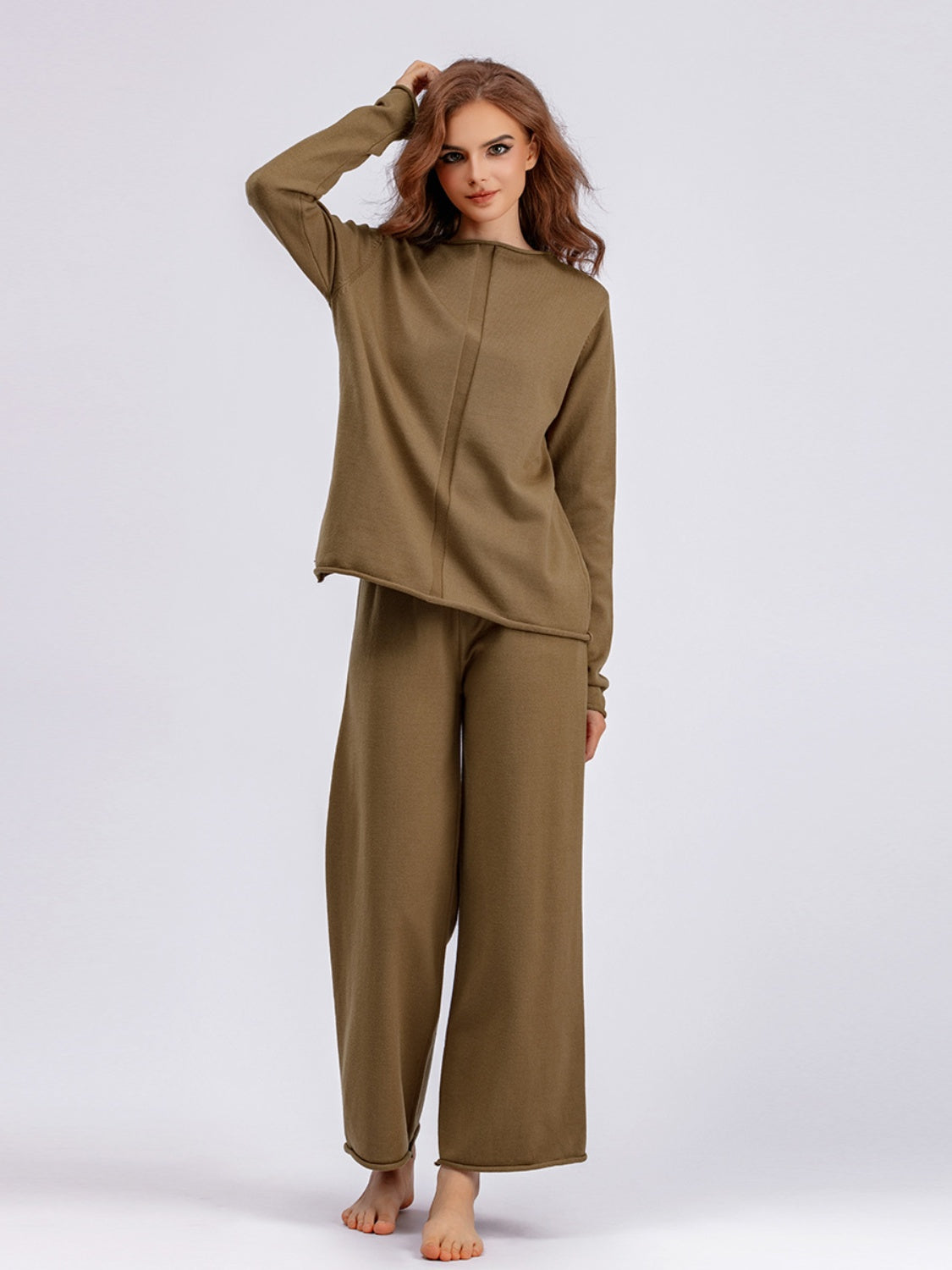 Blue Zone Planet | Basic Bae Rolled Round Neck Top and Pants Sweater Set-TOPS / DRESSES-[Adult]-[Female]-Taupe-One Size-2022 Online Blue Zone Planet