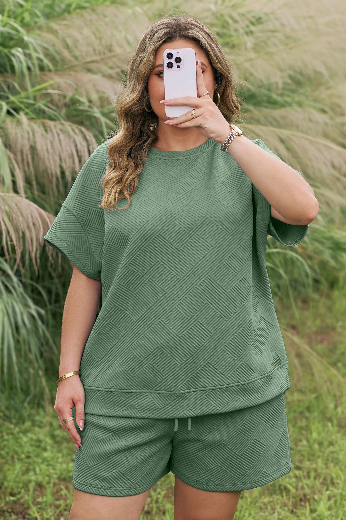 Mineral Blue Plus Size Textured Short Sleeve Top Drawstring Shorts Set-Plus Size/Plus Size Loungewear-[Adult]-[Female]-2022 Online Blue Zone Planet