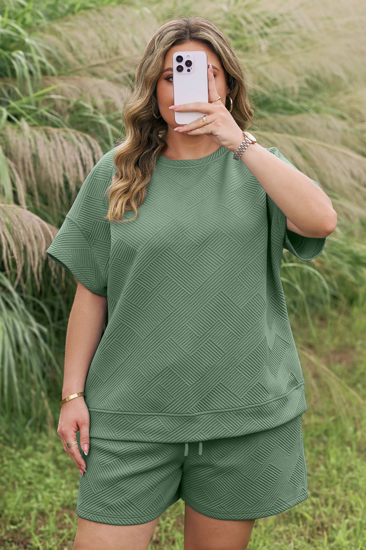 Mineral Blue Plus Size Textured Short Sleeve Top Drawstring Shorts Set-Plus Size/Plus Size Loungewear-[Adult]-[Female]-2022 Online Blue Zone Planet