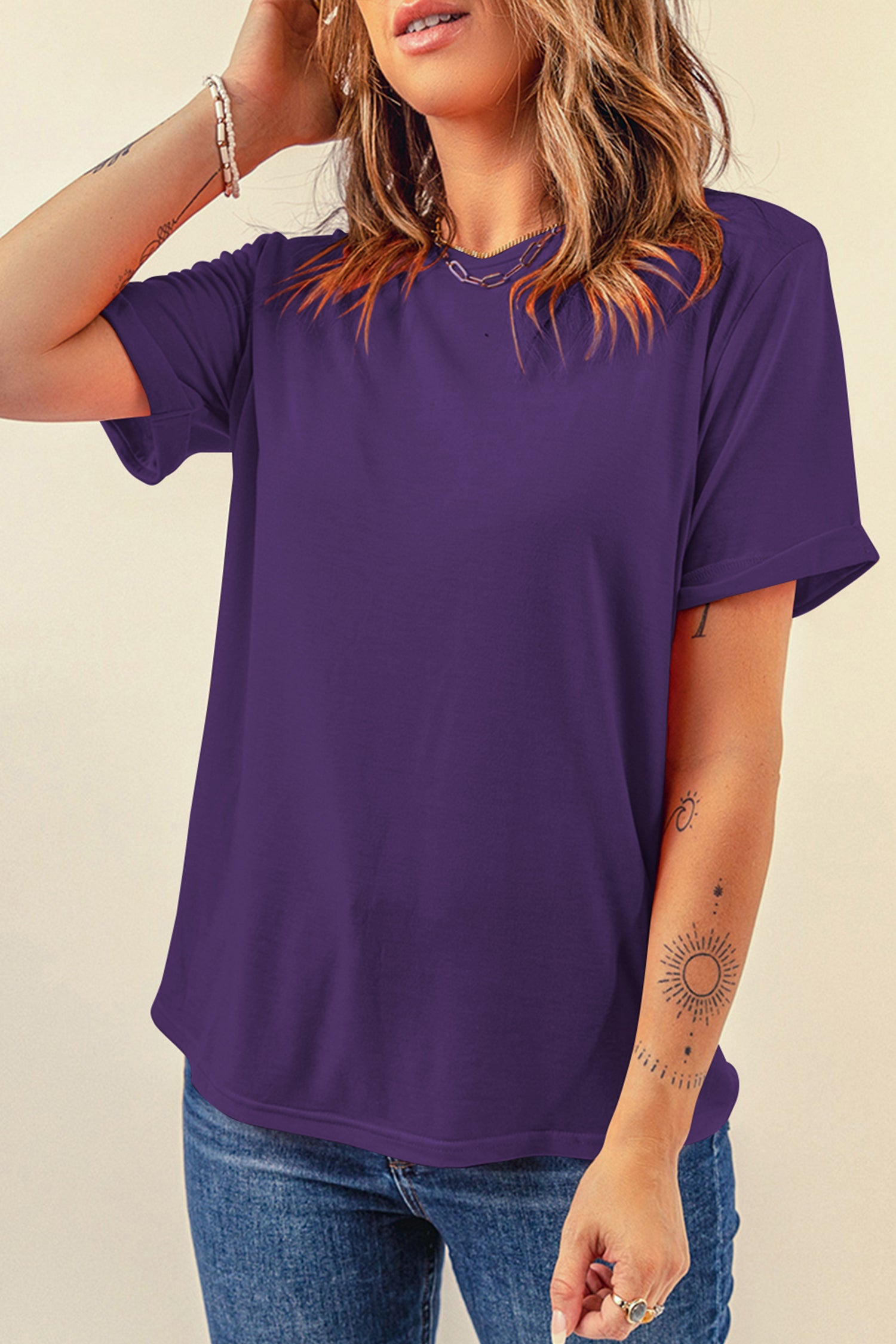 Tillandsia Purple Casual Plain Crew Neck Tee-Tops/Tops & Tees-[Adult]-[Female]-2022 Online Blue Zone Planet