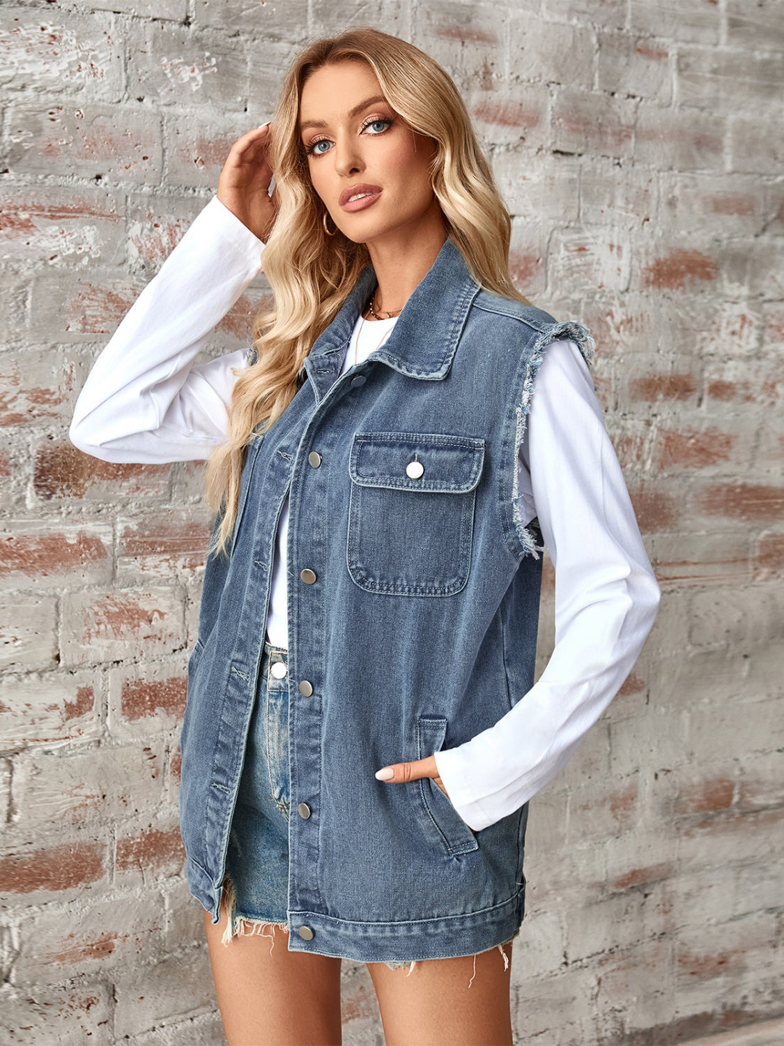 Raw Hem Sleeveless Button Up Denim Jacket-TOPS / DRESSES-[Adult]-[Female]-2022 Online Blue Zone Planet