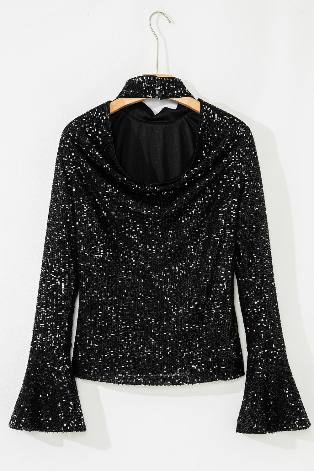 Black Sequin Mock Neck Drape Open Back Bell Sleeve Top-Tops/Long Sleeve Tops-[Adult]-[Female]-2022 Online Blue Zone Planet