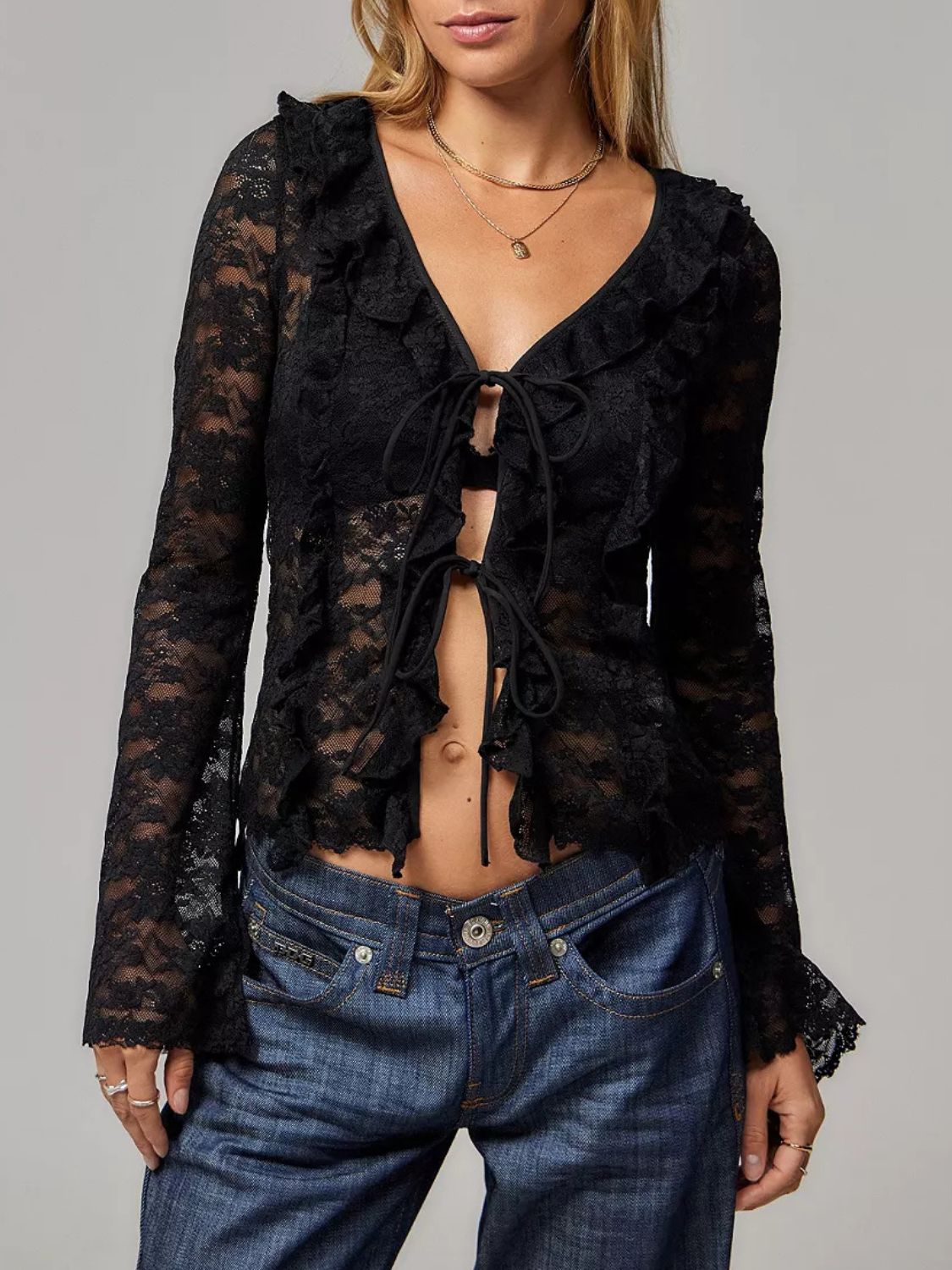 Tied V-Neck Long Sleeve Lace Shirt-TOPS / DRESSES-[Adult]-[Female]-Black-S-2022 Online Blue Zone Planet