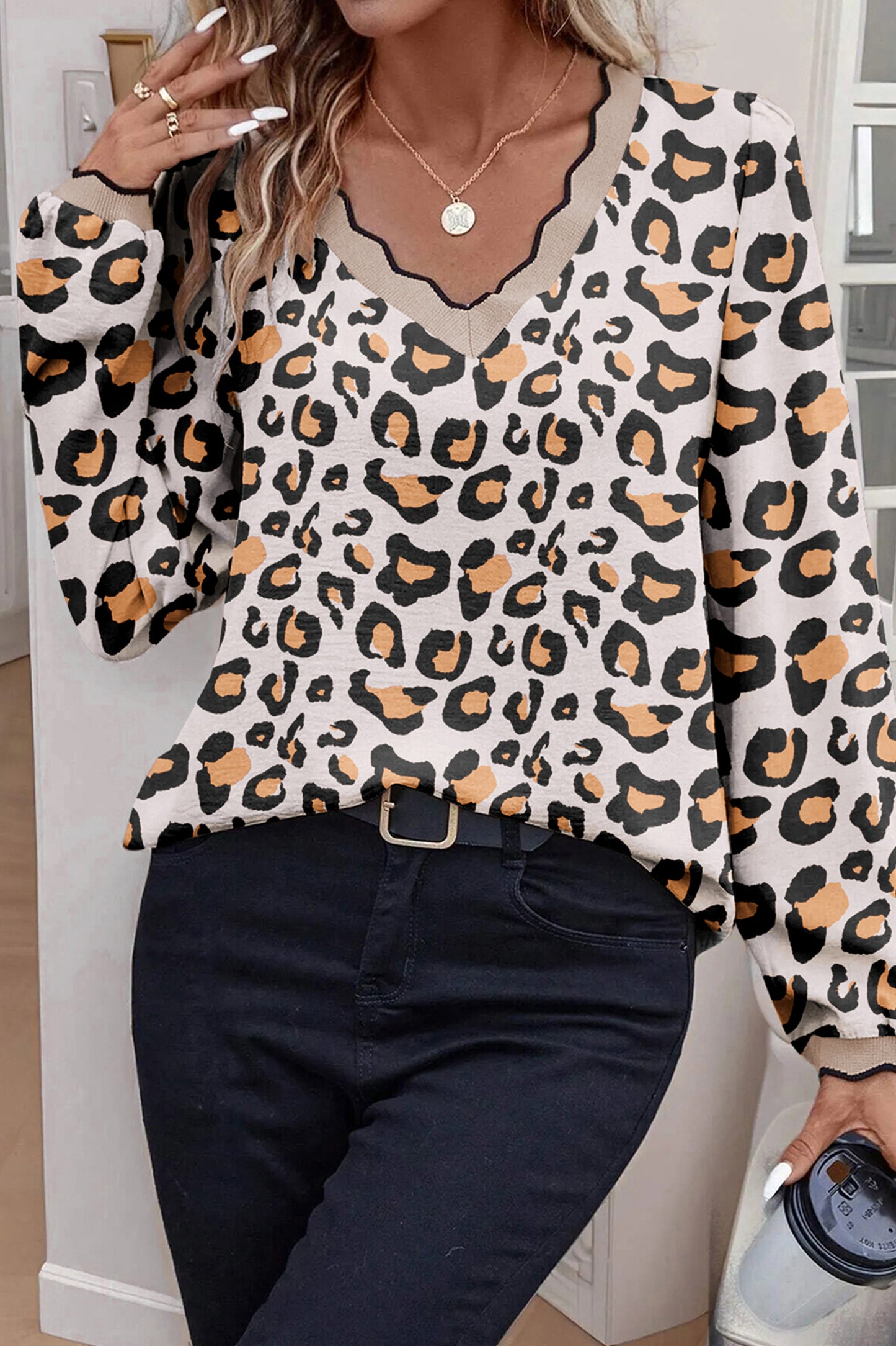 Khaki Leopard Print Contrast Scalloped V Neck Long Sleeve Blouse-Tops/Blouses & Shirts-[Adult]-[Female]-Khaki-S-2022 Online Blue Zone Planet