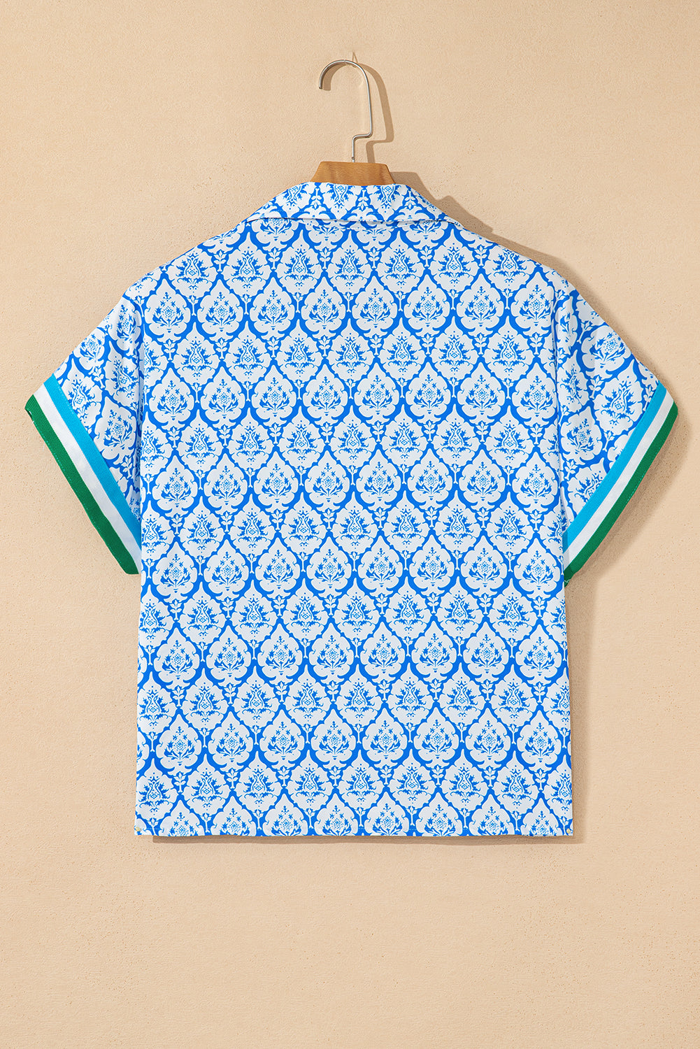 Sky Blue Western Print Zipped Collar Short Sleeve Summer Blouse Top-Tops/Blouses & Shirts-[Adult]-[Female]-2022 Online Blue Zone Planet