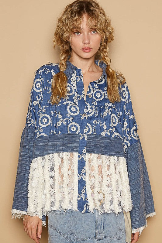 POL Lace Hem Embroidered Long Sleeve Shirt-TOPS / DRESSES-[Adult]-[Female]-Peacock Blue-S-2022 Online Blue Zone Planet