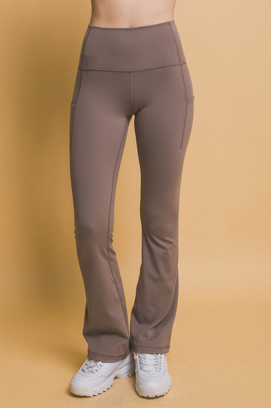 Love Tree High Waist Flare Active Leggings with Side Pockets-BOTTOMS SIZES SMALL MEDIUM LARGE-[Adult]-[Female]-Taupe-S-2022 Online Blue Zone Planet