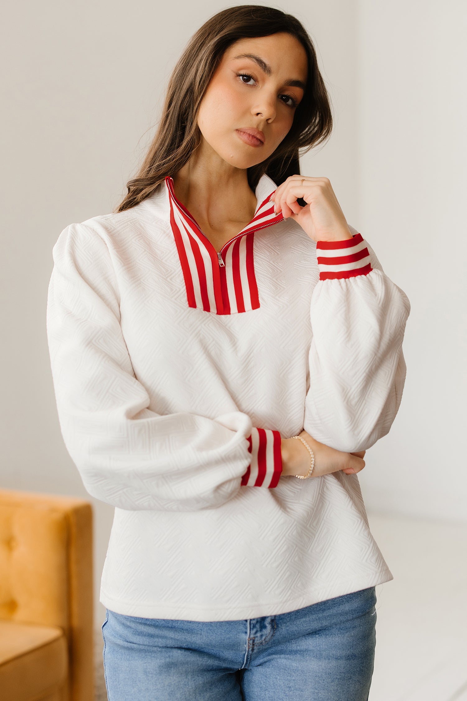 White Textured Knit Contrast Striped Accent Zipped Collar Pullover Top-Tops/Long Sleeve Tops-[Adult]-[Female]-2022 Online Blue Zone Planet