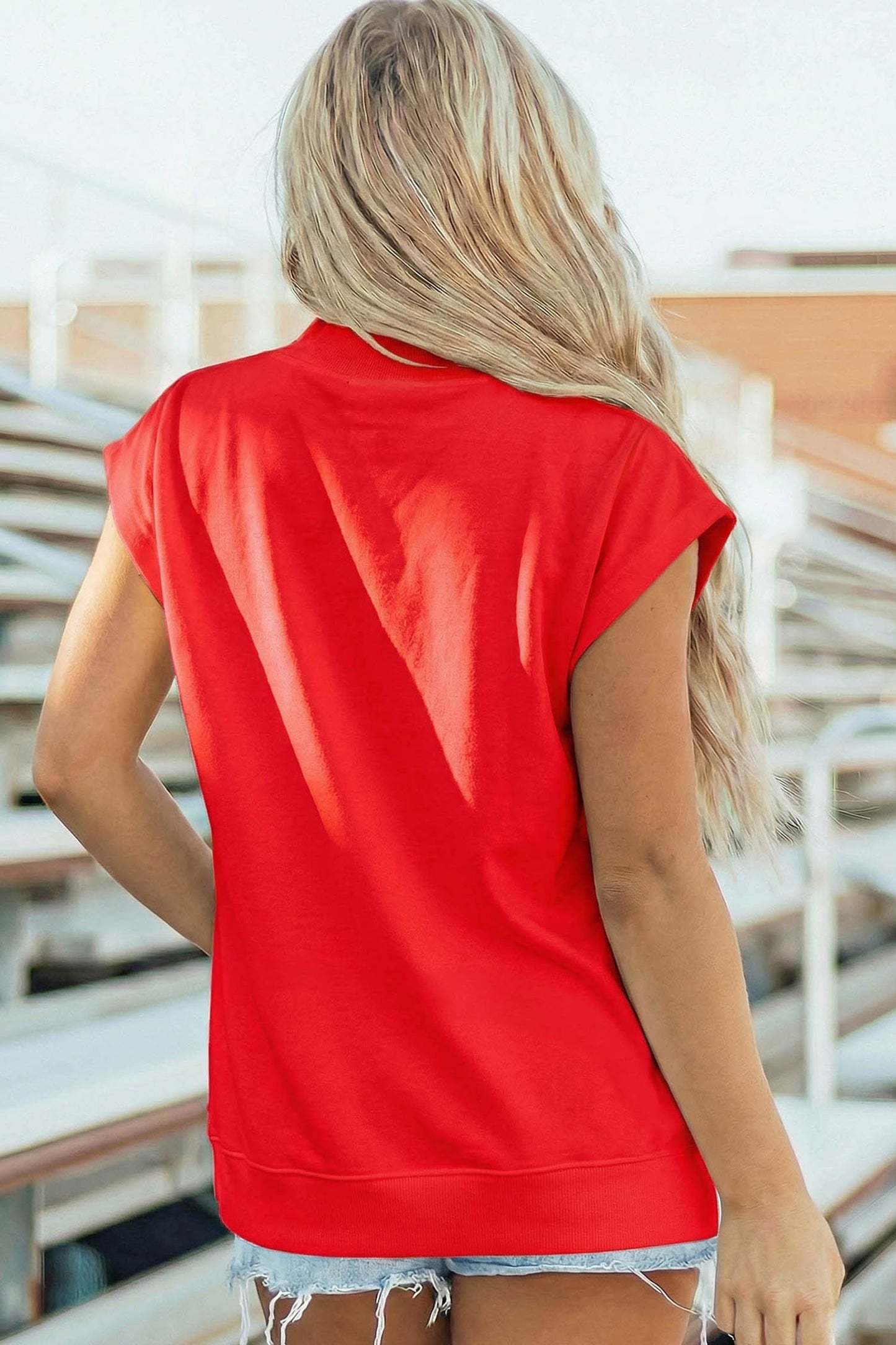 Racing Red Sequin American Flag Balloon Dog High Neck Short Sleeve Top-Graphic/Graphic Tees-[Adult]-[Female]-2022 Online Blue Zone Planet