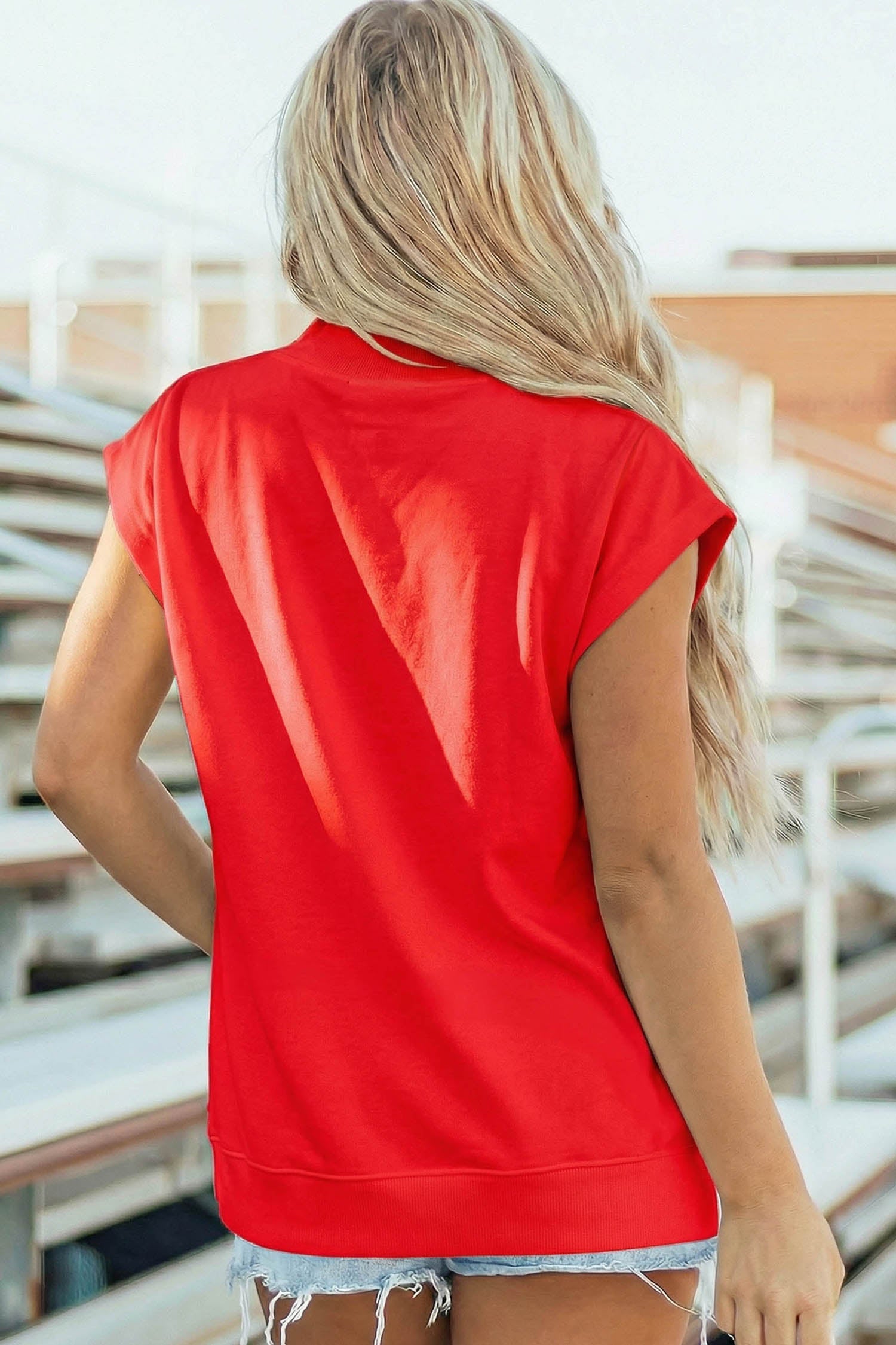 Racing Red Sequin American Flag Balloon Dog High Neck Short Sleeve Top-Graphic/Graphic Tees-[Adult]-[Female]-2022 Online Blue Zone Planet