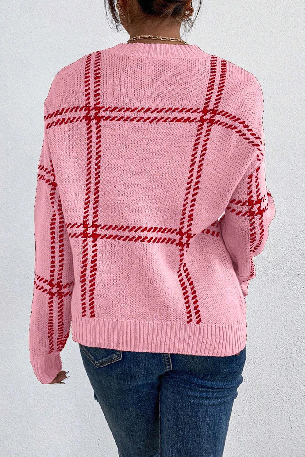 Pink Plaid Pattern Knitted Drop Shoulder Sweater-Sweaters & Cardigans/Sweaters-[Adult]-[Female]-2022 Online Blue Zone Planet