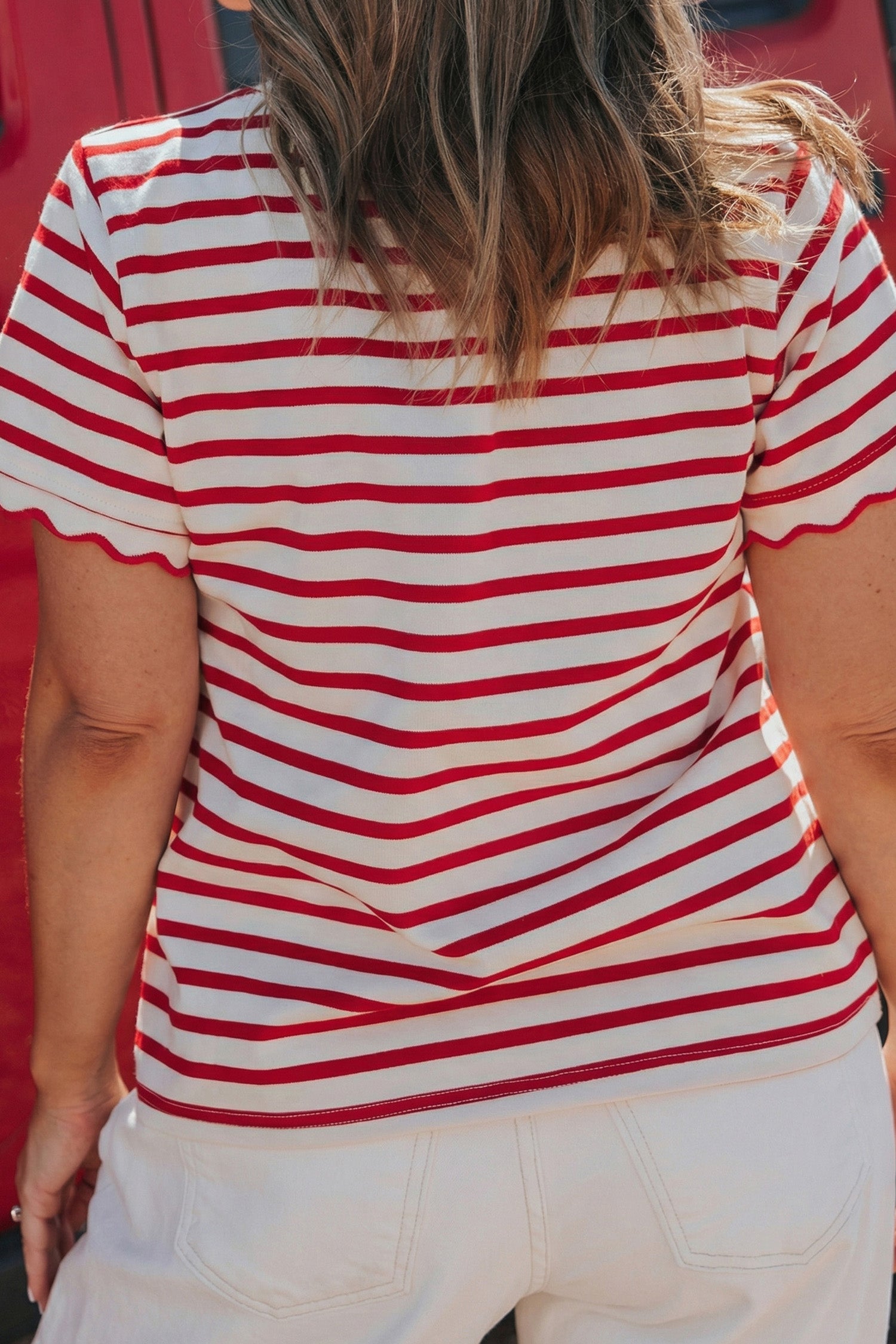 Red Stripe Plus Size Scalloped Trim Round Neck Short Sleeve Top-Plus Size/Plus Size Tops/Plus Size Tops & Tees-[Adult]-[Female]-2022 Online Blue Zone Planet
