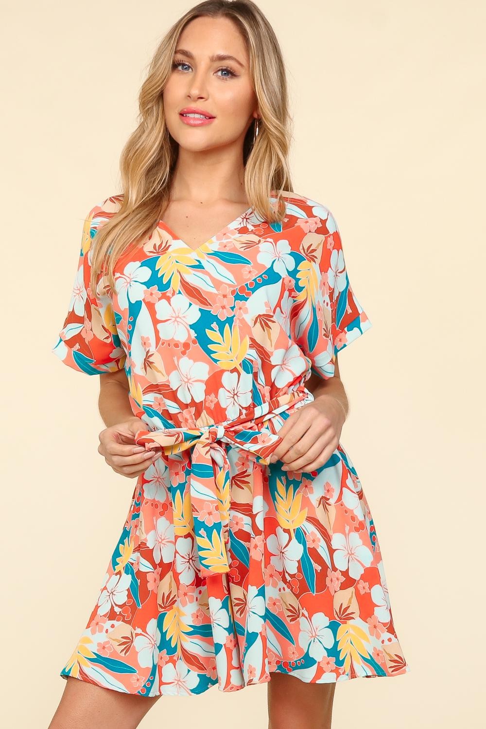 Haptics Tropical Floral Short Sleeve Tied Romper-TOPS / DRESSES-[Adult]-[Female]-Coral/Teal/Light Blue-S-2022 Online Blue Zone Planet