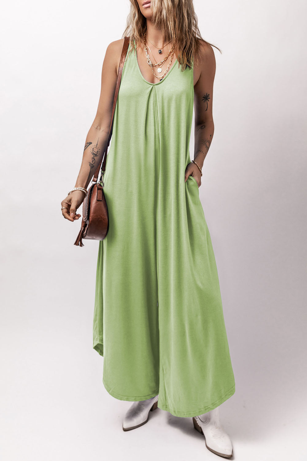 Grass Green Sleeveless V Neck Pocketed Wide Leg Jumpsuit-Bottoms/Jumpsuits & Rompers-[Adult]-[Female]-2022 Online Blue Zone Planet