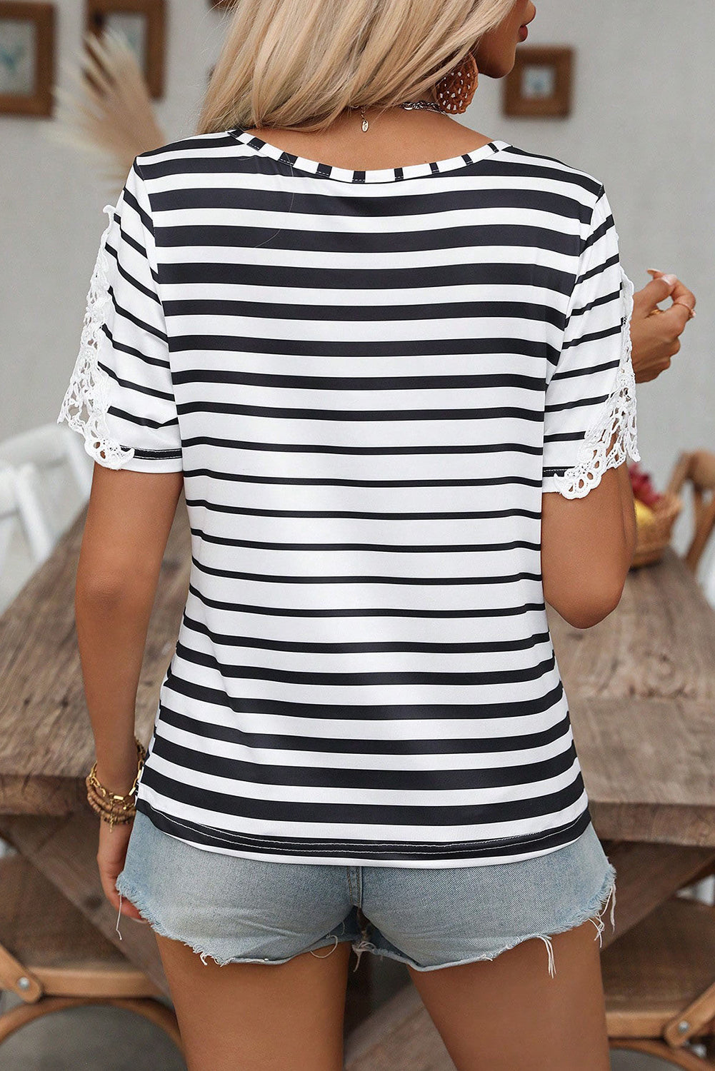 Black Stripe Cross Straps Hollowed Neck Lace Splicing Short Sleeve Blouse-Tops/Blouses & Shirts-[Adult]-[Female]-2022 Online Blue Zone Planet
