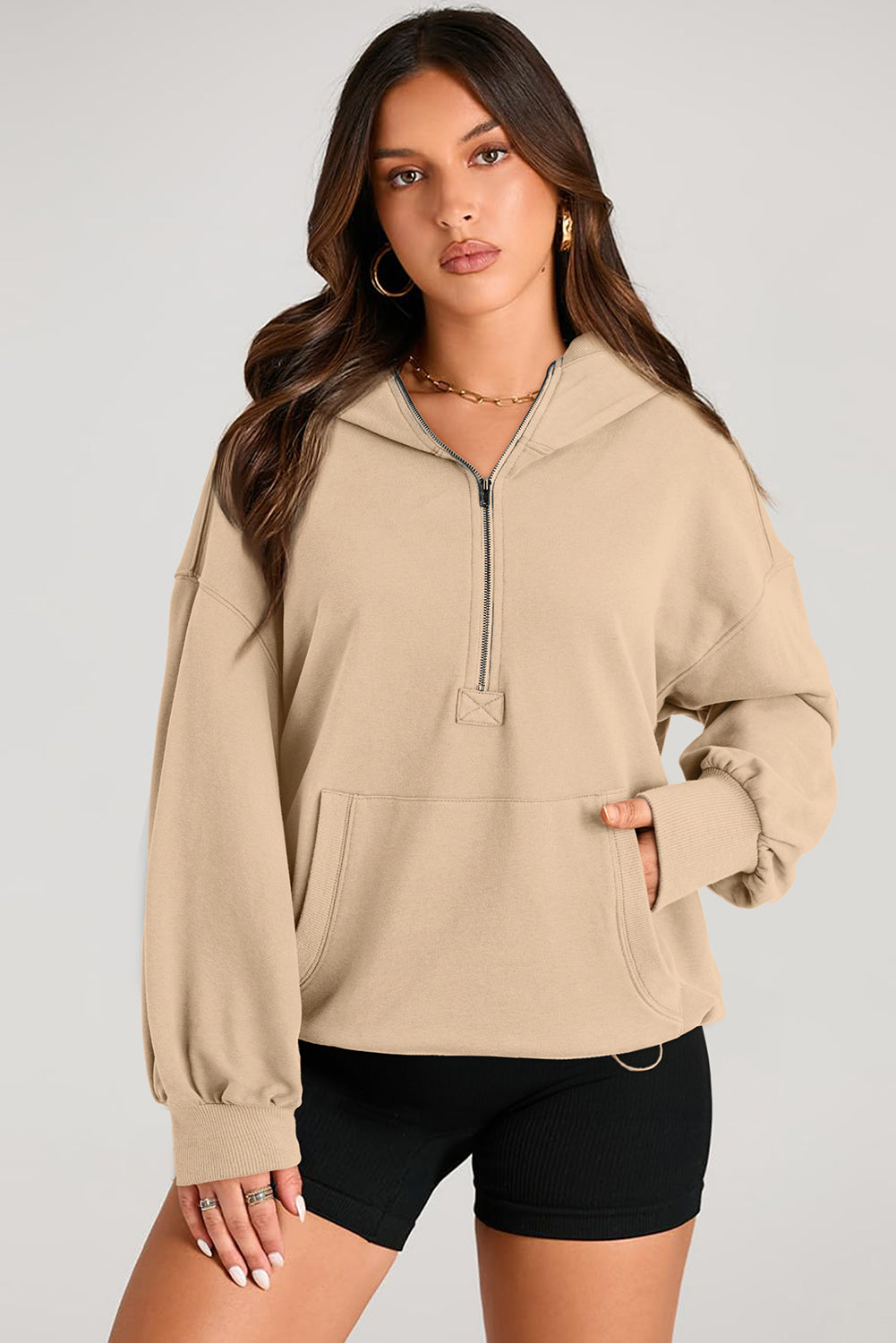 Pocketed Half Zip Long Sleeve Hoodie-HOODIES-[Adult]-[Female]-Dust Storm-S-2022 Online Blue Zone Planet