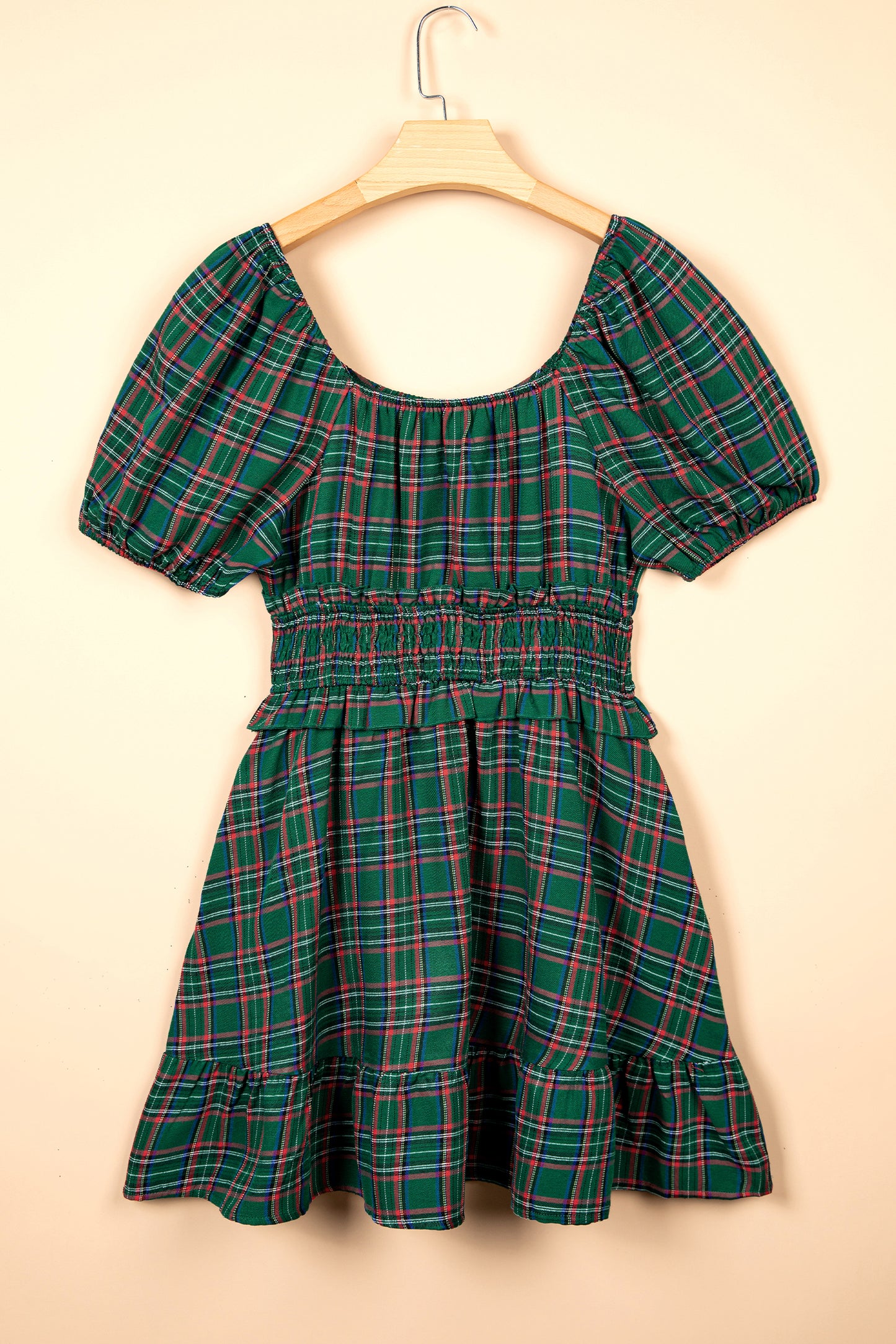 Green Plaid Shirred U Neck Short Sleeve Mini Dress-TOPS / DRESSES-[Adult]-[Female]-2022 Online Blue Zone Planet