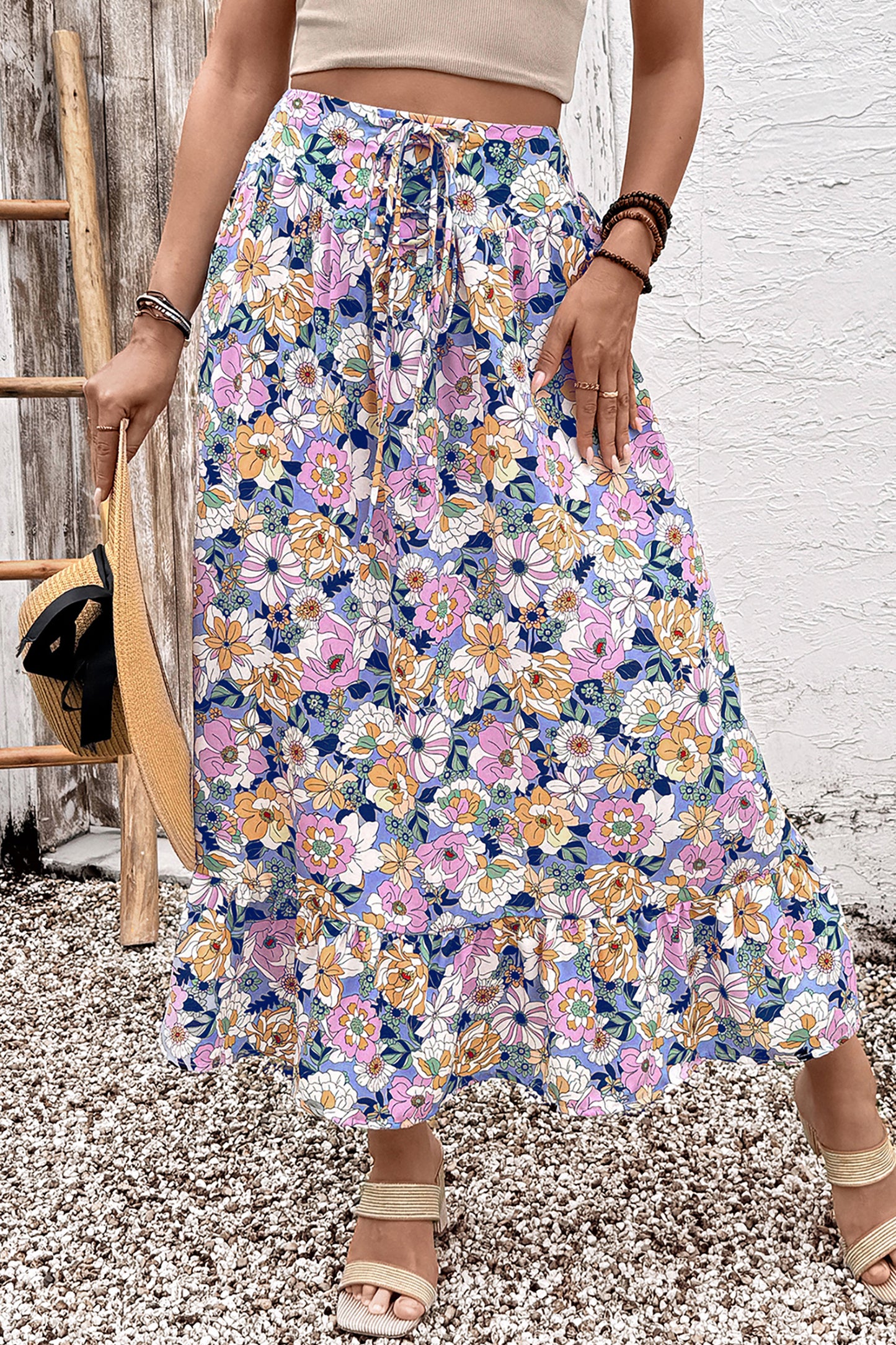 Pink Floral Print Lace-up High Waist Ruffle Hem Maxi Skirt-Bottoms/Skirts & Petticoat-[Adult]-[Female]-2022 Online Blue Zone Planet