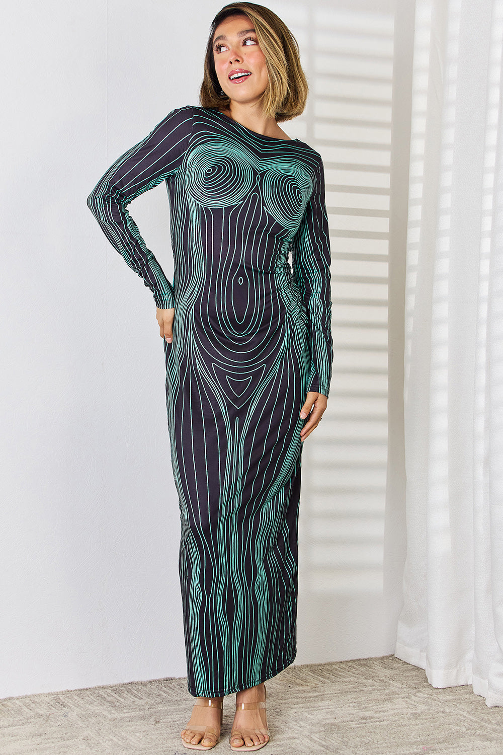 Cutout Round Neck Long Sleeve Maxi Dress-TOPS / DRESSES-[Adult]-[Female]-2022 Online Blue Zone Planet