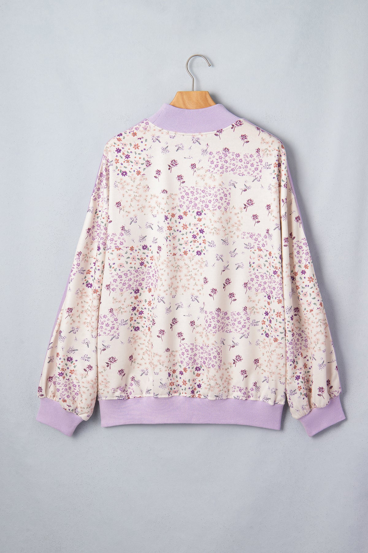 Purple Floral Print High Neck Colorblock Sleeve Paneling Sweatshirt-Tops/Sweatshirts & Hoodies-[Adult]-[Female]-2022 Online Blue Zone Planet