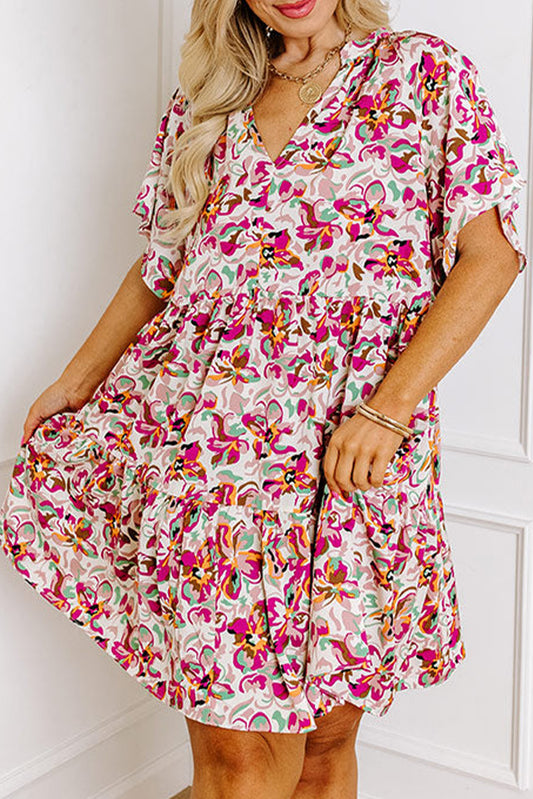 White Abstract Print V Neck Short Sleeve Ruffled Plus Size Mini Dress-TOPS / DRESSES-[Adult]-[Female]-White-1X-2022 Online Blue Zone Planet