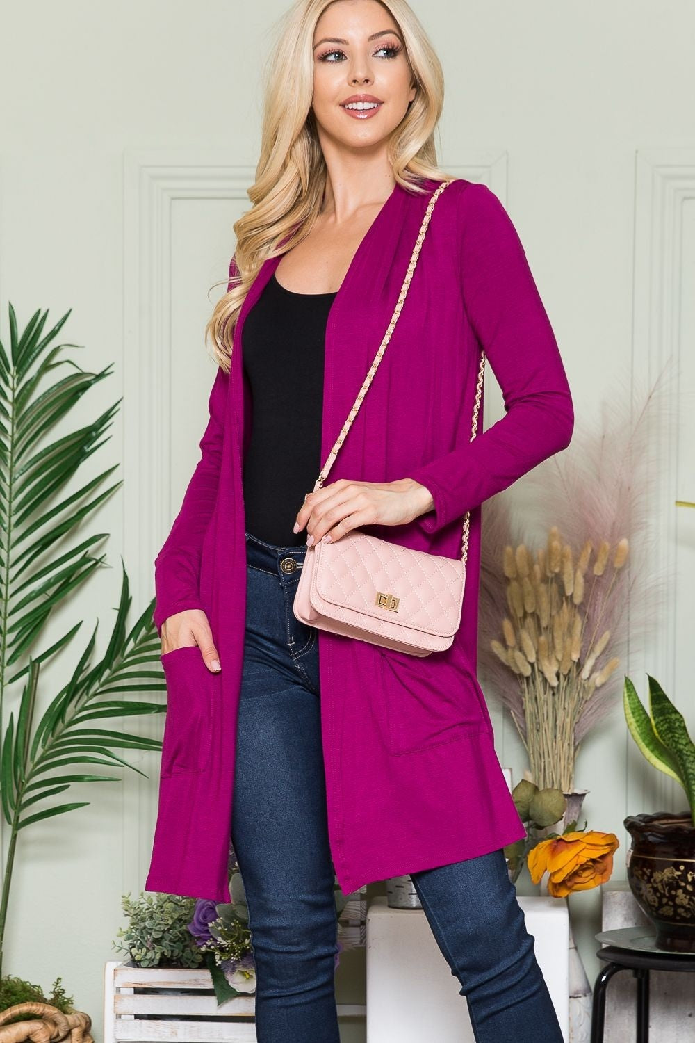 Celeste Full Size Open Front Cardigan with Pockets-TOPS / DRESSES-[Adult]-[Female]-Magenta-S-2022 Online Blue Zone Planet