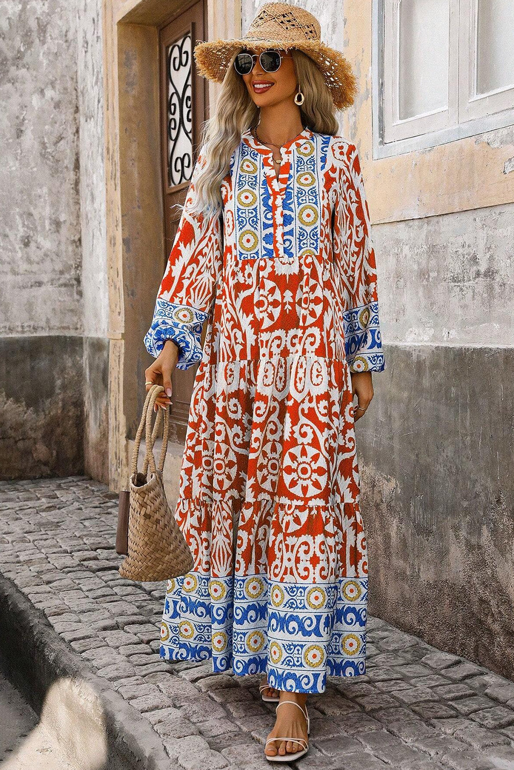 Orange Boho Geometric Printed Long Sleeve Maxi Dress-Dresses/Maxi Dresses-[Adult]-[Female]-2022 Online Blue Zone Planet