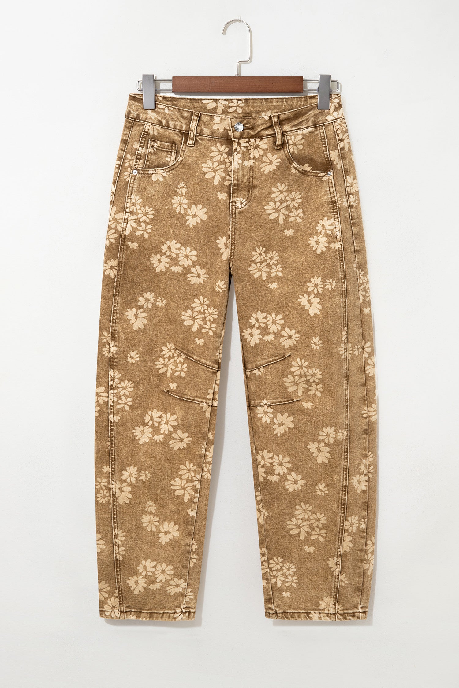 Khaki Floral Print Metal Button Pleated Straight Leg Jeans-Bottoms/Jeans-[Adult]-[Female]-2022 Online Blue Zone Planet