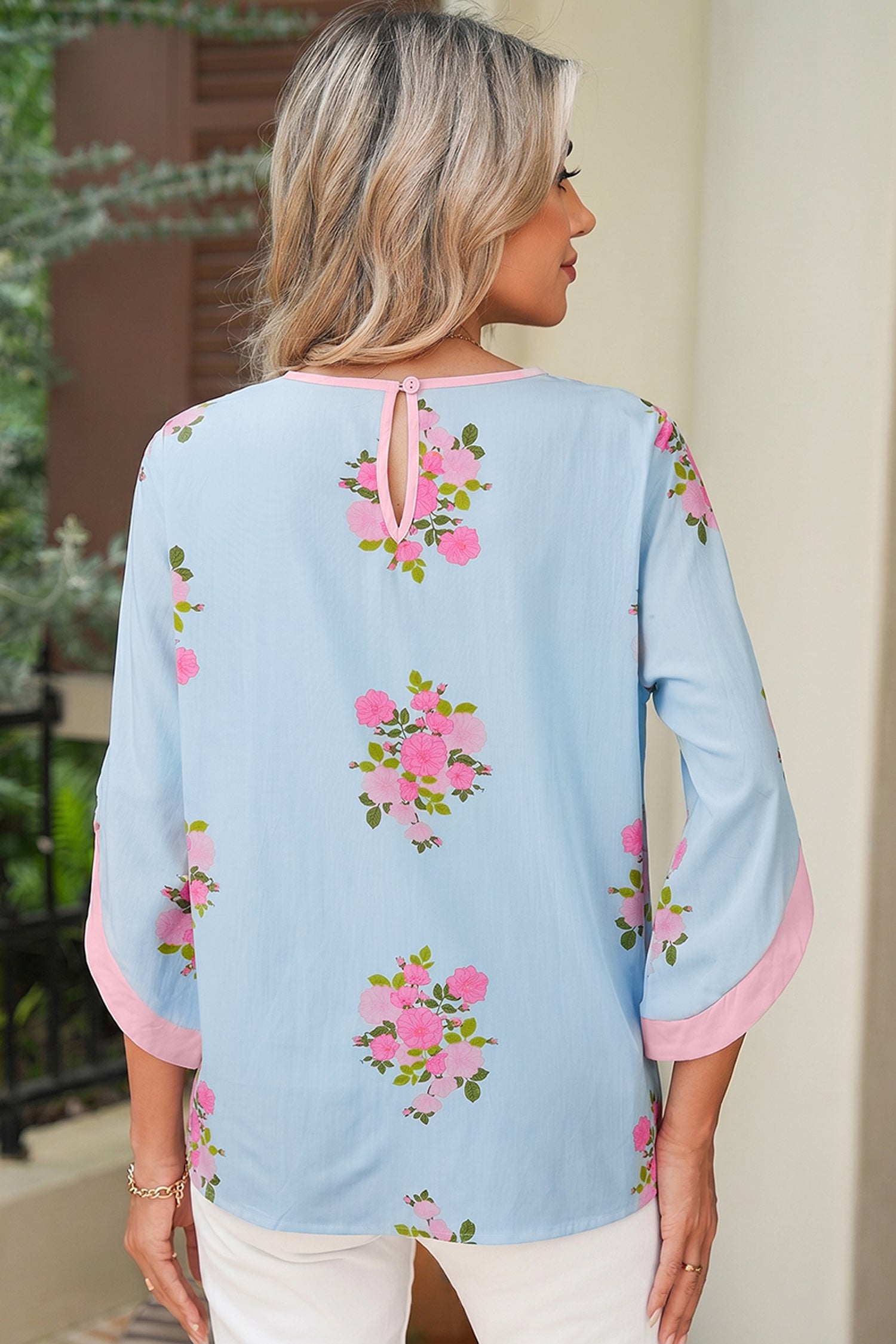 Sky Blue Floral Print Button Cuffed 3/4 Sleeve Round Neck Blouse-Tops/Blouses & Shirts-[Adult]-[Female]-2022 Online Blue Zone Planet