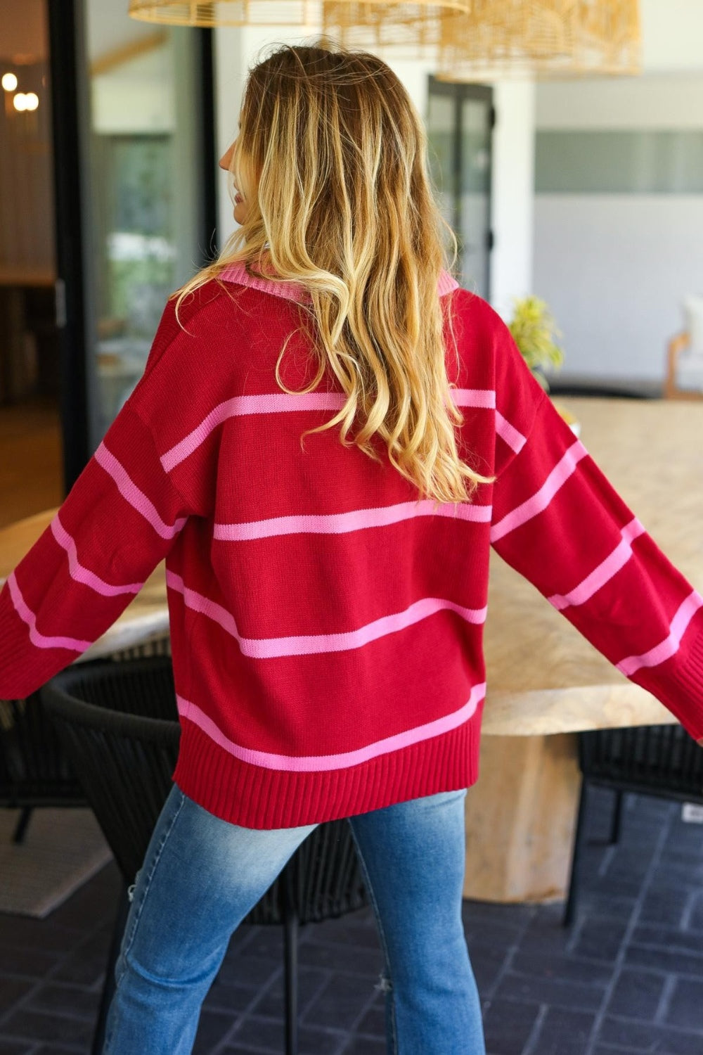 Haptics Collared Neck Striped Contrast Sweater-TOPS / DRESSES-[Adult]-[Female]-2022 Online Blue Zone Planet