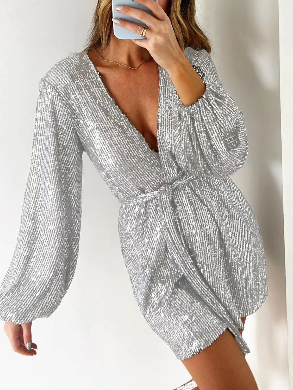 Full Size Sequin Surplice Tie Waist Long Sleeve Romper-TOPS / DRESSES-[Adult]-[Female]-2022 Online Blue Zone Planet